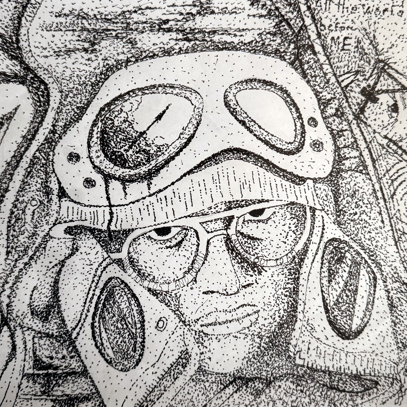 Pen and ink self-portrait by Marco Glancy, rendered in stippled dots.