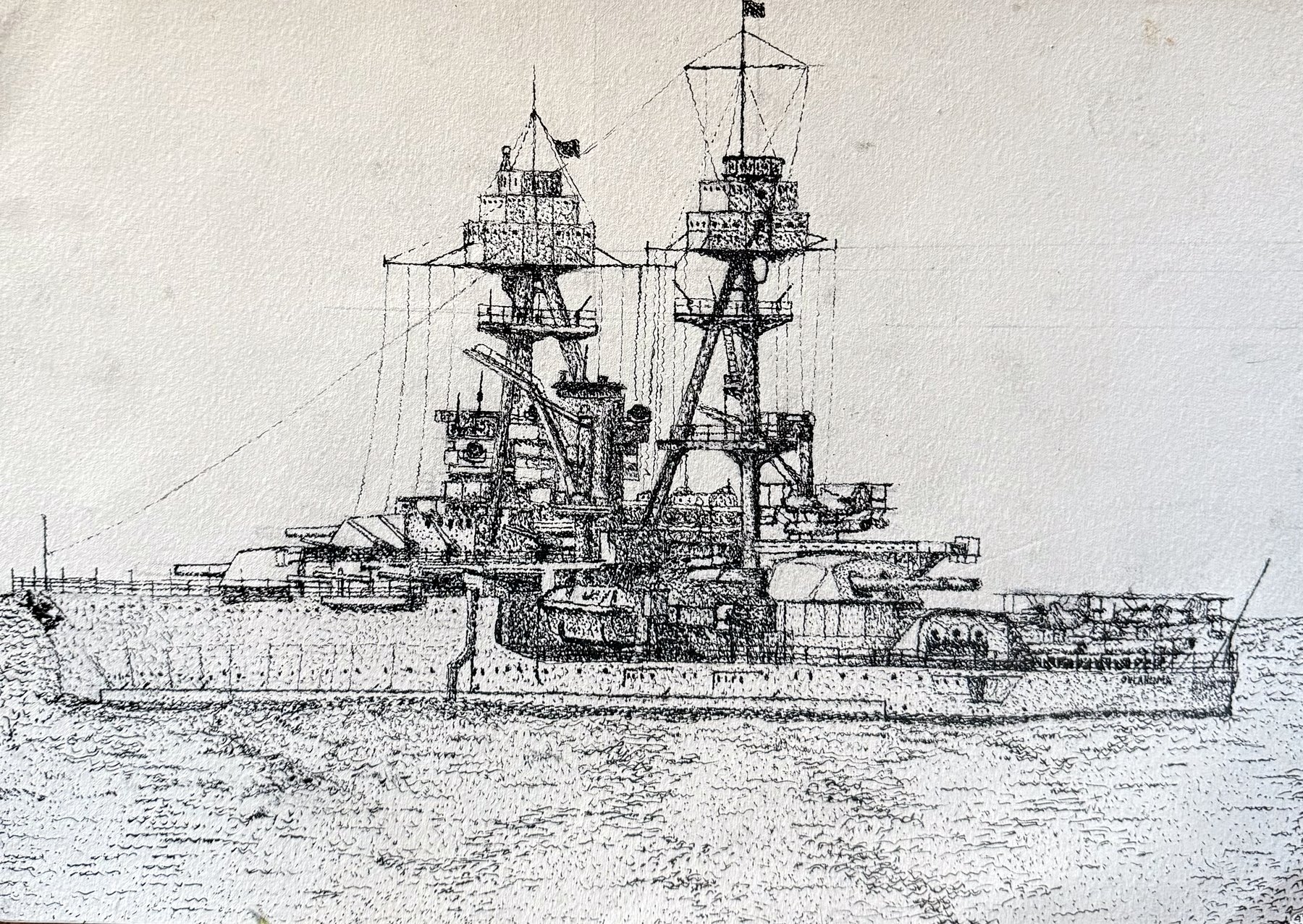 Pen and ink drawing of USS Oklahoma at sea, titled Fight the Tide.