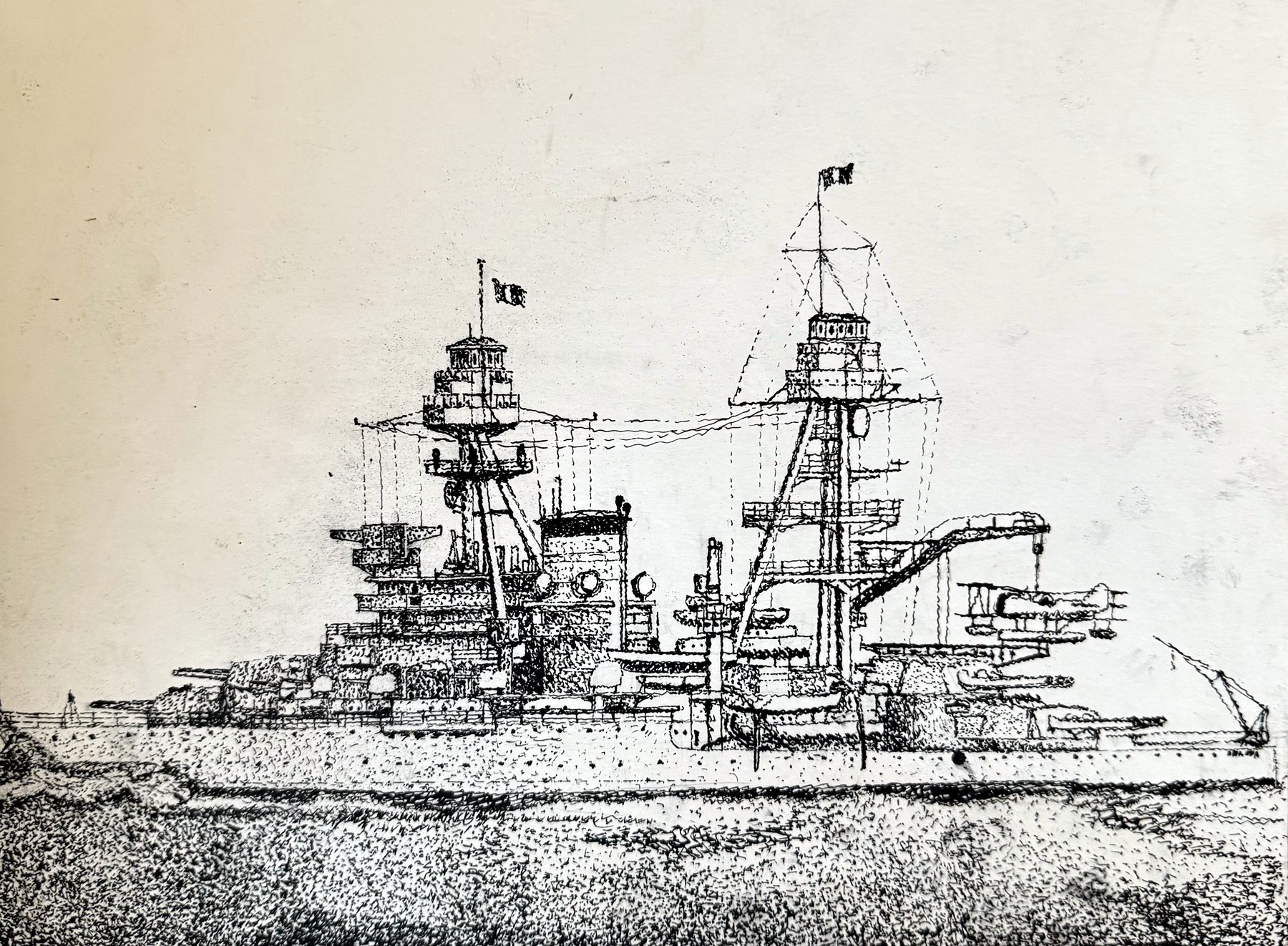Pen and ink drawing of USS Arizona's superstructure, titled Unknowingly Inconsolable.