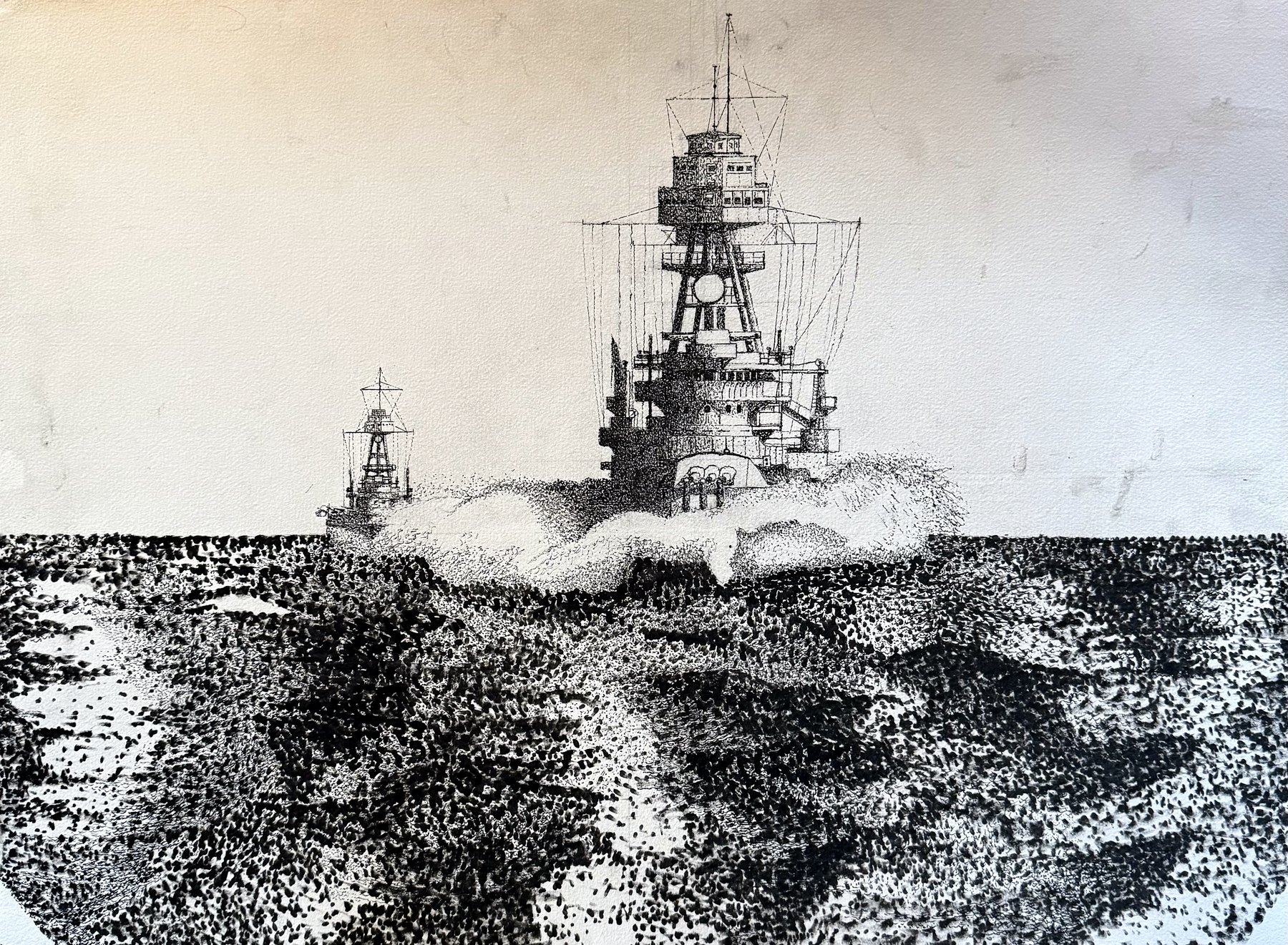 Pen and ink drawing of USS Arizona and USS Nevada underway together, titled Now You're One of Us.