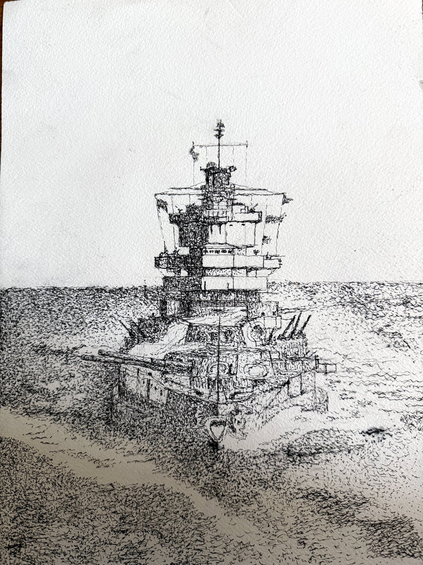 Pen and ink drawing of USS New Mexico's forward superstructure, titled Perturbations.