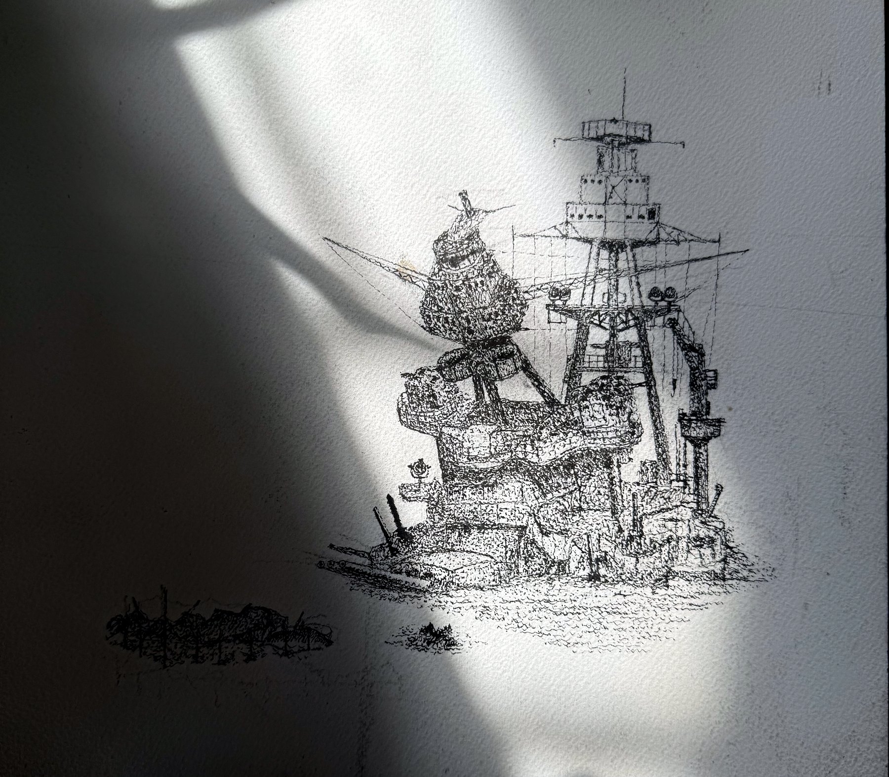 Pen and ink drawing of USS Arizona, titled Where Is the Dream?