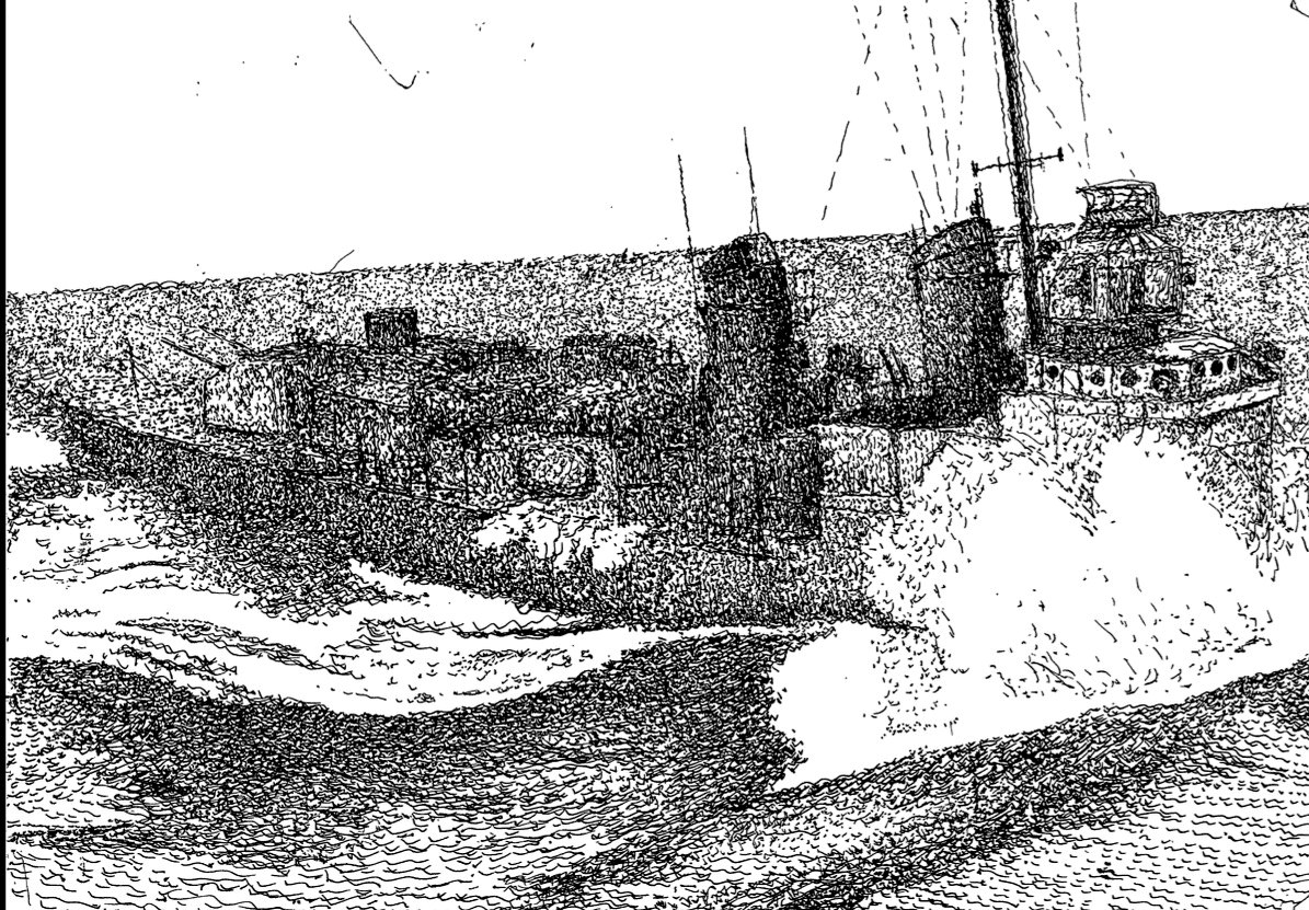Pen and ink drawing of a Gearing-class destroyer in heavy seas during Typhoon Cobra, titled I Think I'm Gonna Drown in Here.