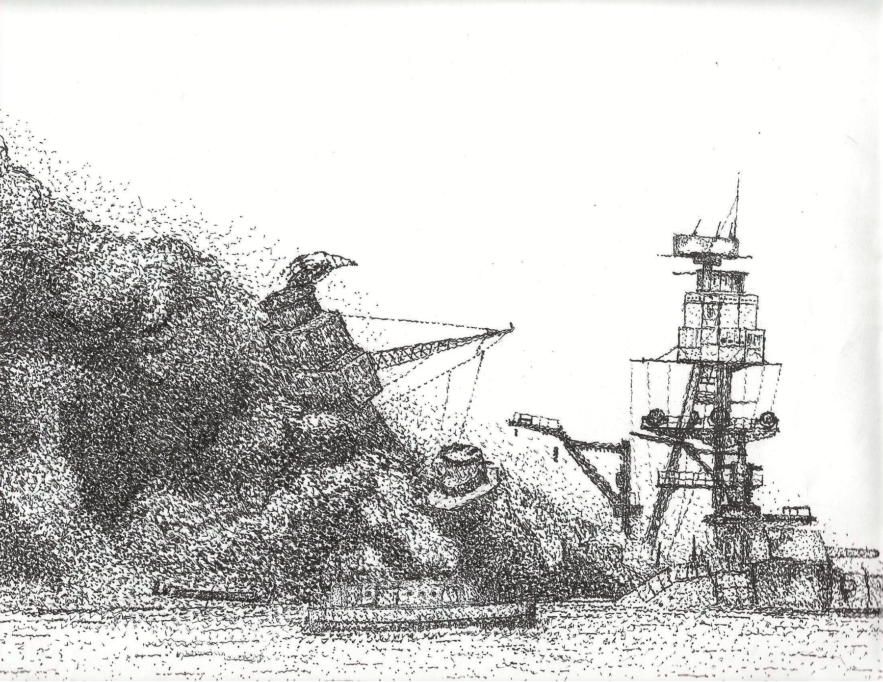 Pen and ink drawing of USS Arizona's gun turret and tower, titled Angelic Demise.