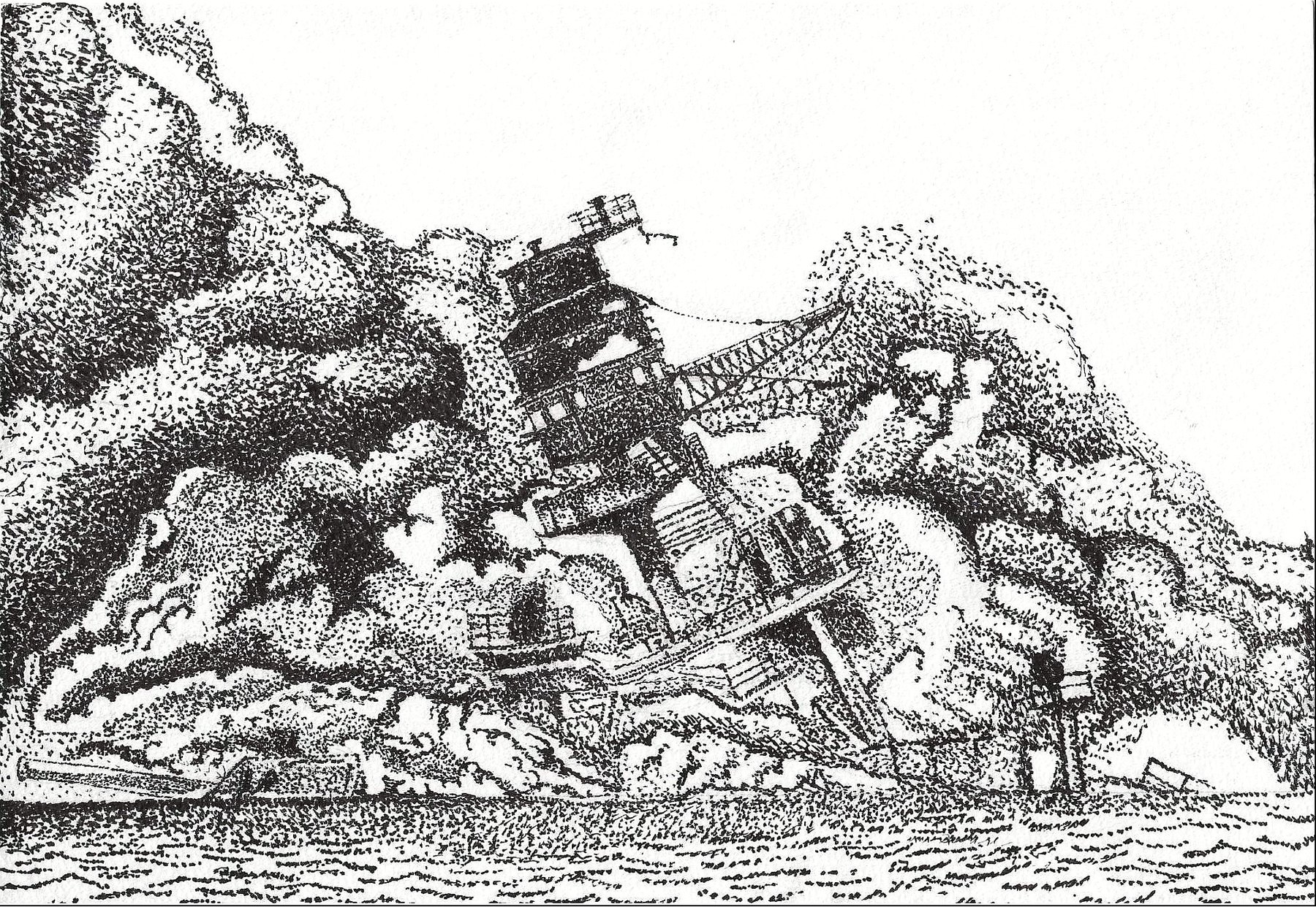 Pen and ink drawing of USS Arizona's bridge tower emerging from dense stippled cloud, titled Out of the Blue.
