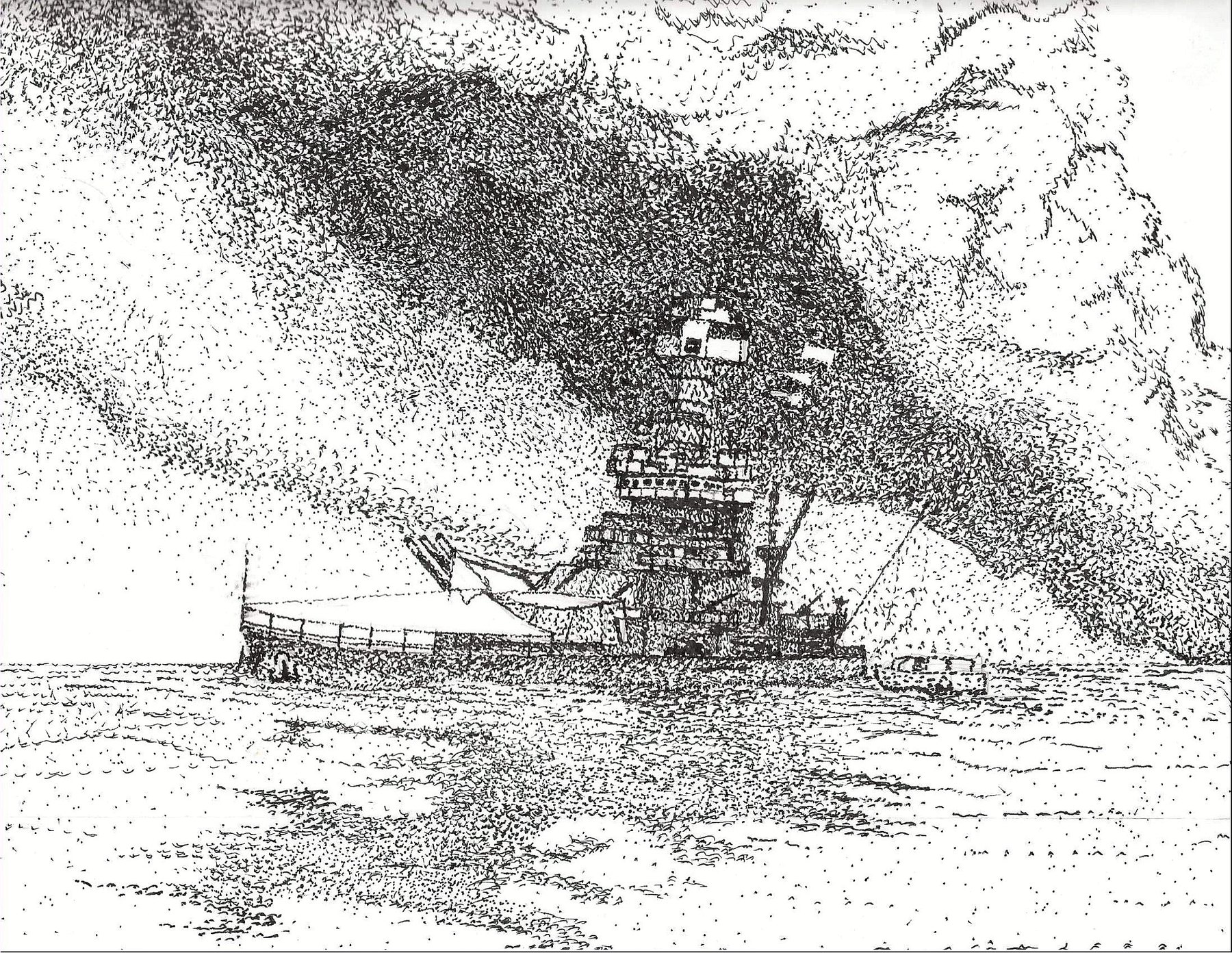 Pen and ink drawing of USS California's superstructure amid heavy smoke, titled Face the Music.