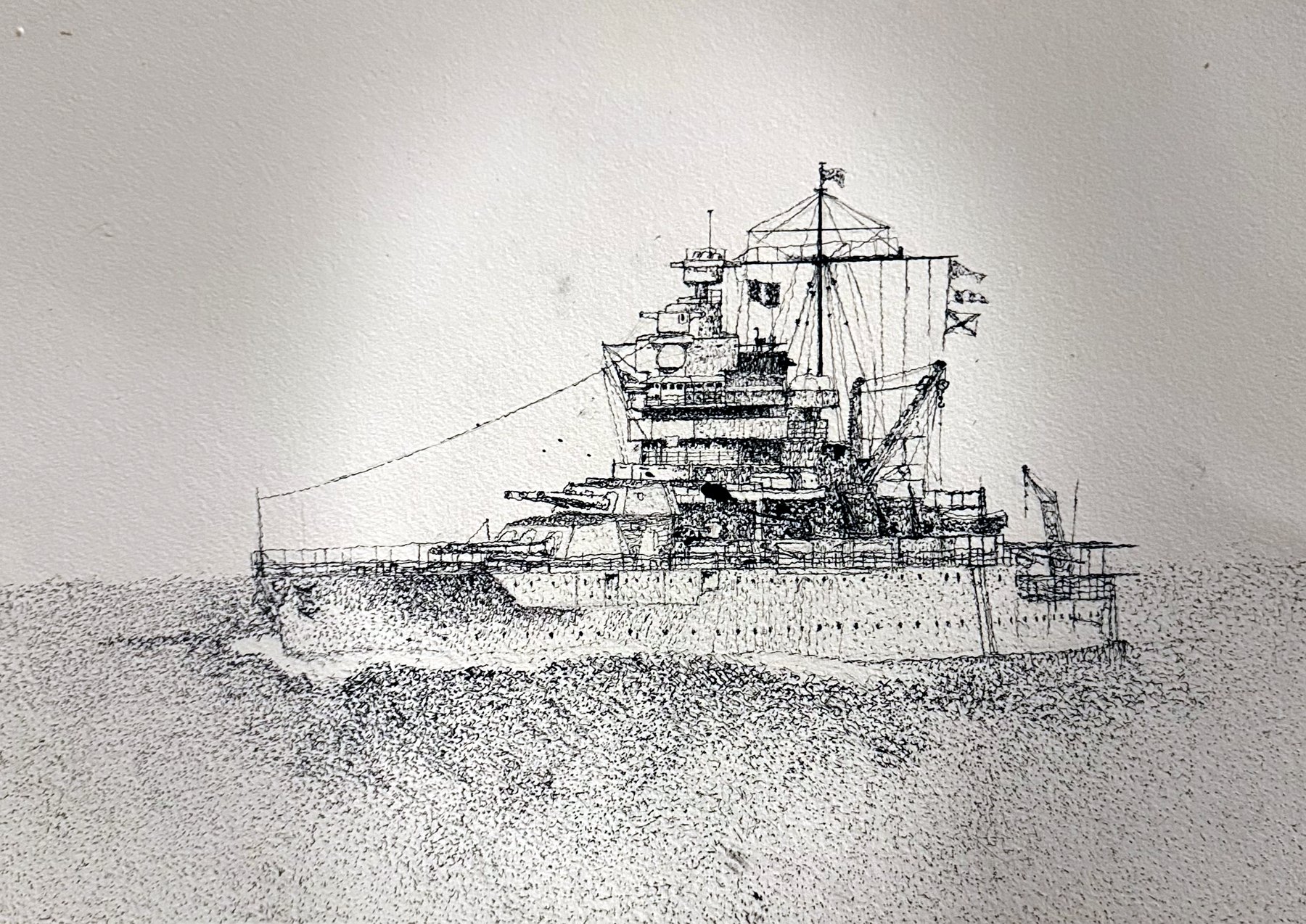 Pen and ink drawing of USS Mississippi underway, titled Perfectly Sad.