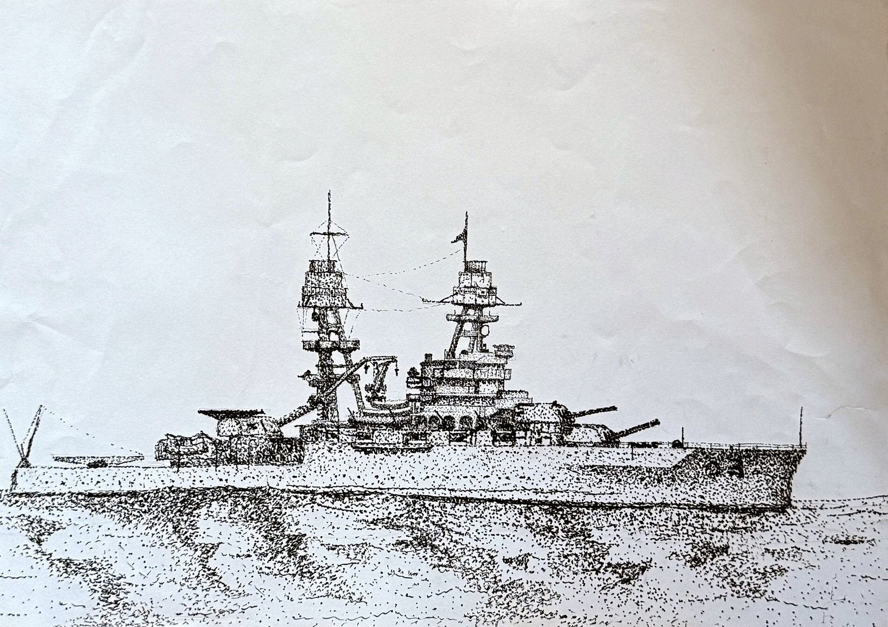 Pen and ink drawing of USS Arizona underway during peacetime, titled With Grace, Forward.