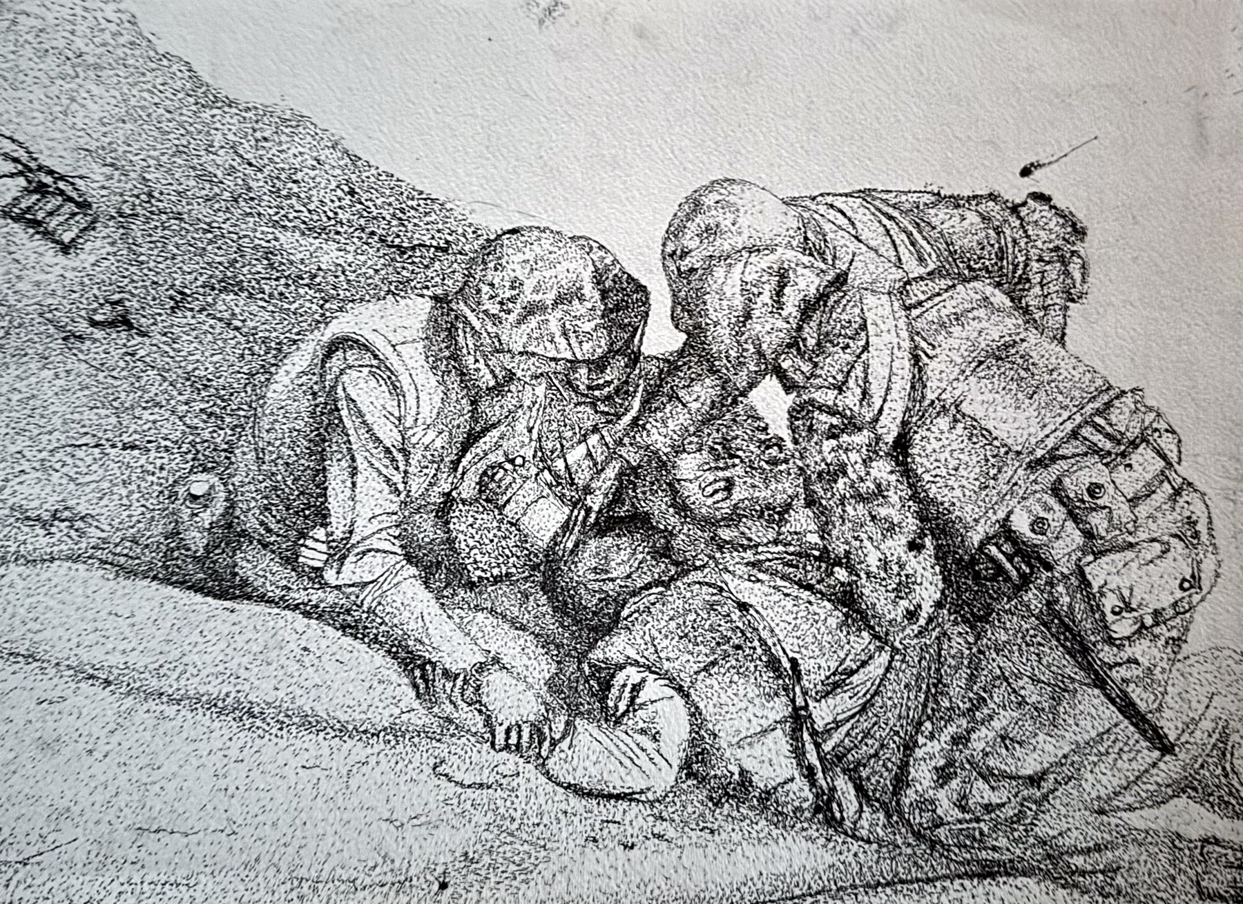Pen and ink figure study of two soldiers, titled Mother.