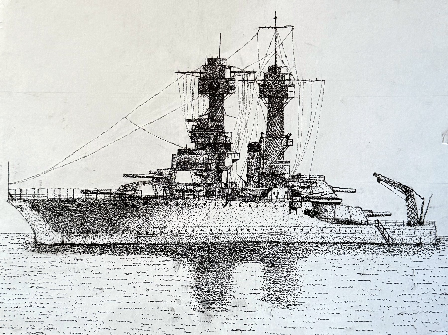 Pen and ink drawing of USS Colorado underway with her twin cage masts, titled Delicate Dominance.