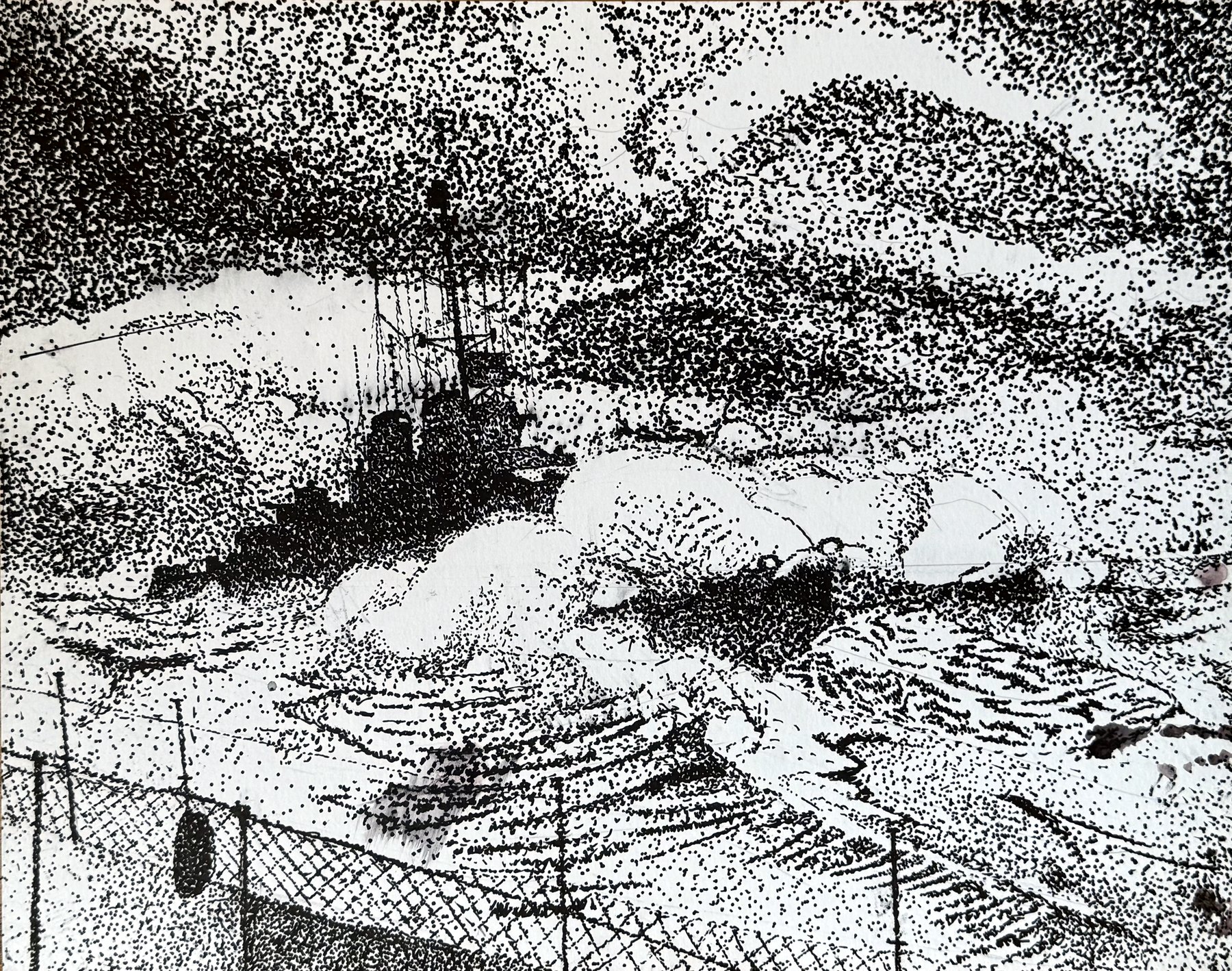 Pen and ink drawing of an American heavy cruiser in a storm, titled Forever and Always Forward.
