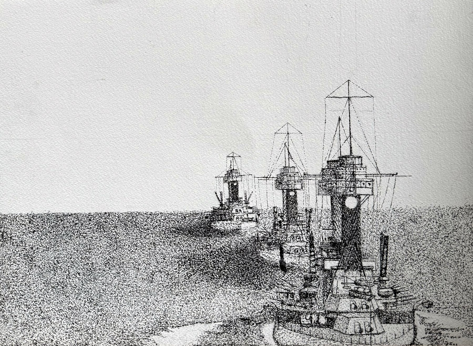 Pen and ink drawing of three Colorado-class battleships underway together, titled Standing on the Edge of the Noise.