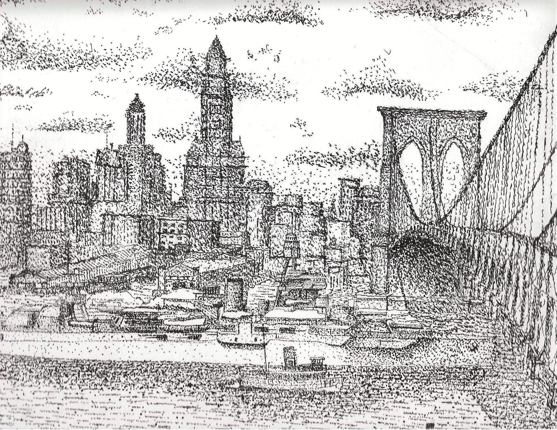 Pen and ink drawing of the New York City skyline below the Woolworth Building, with a battleship's silhouette hidden in the buildings, titled City Girl.