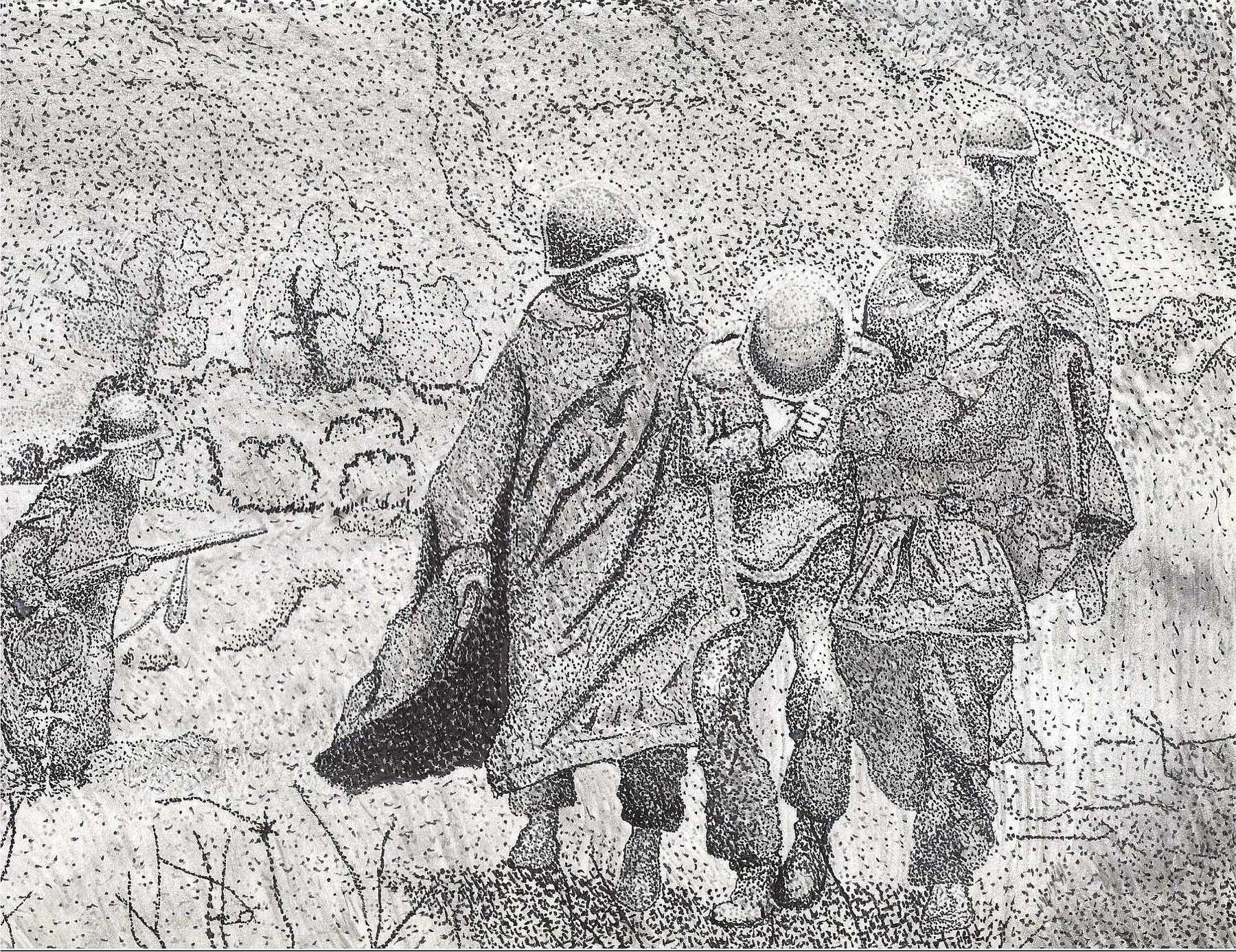 Pen and ink figure study of soldiers, titled Ghosts of Korea.