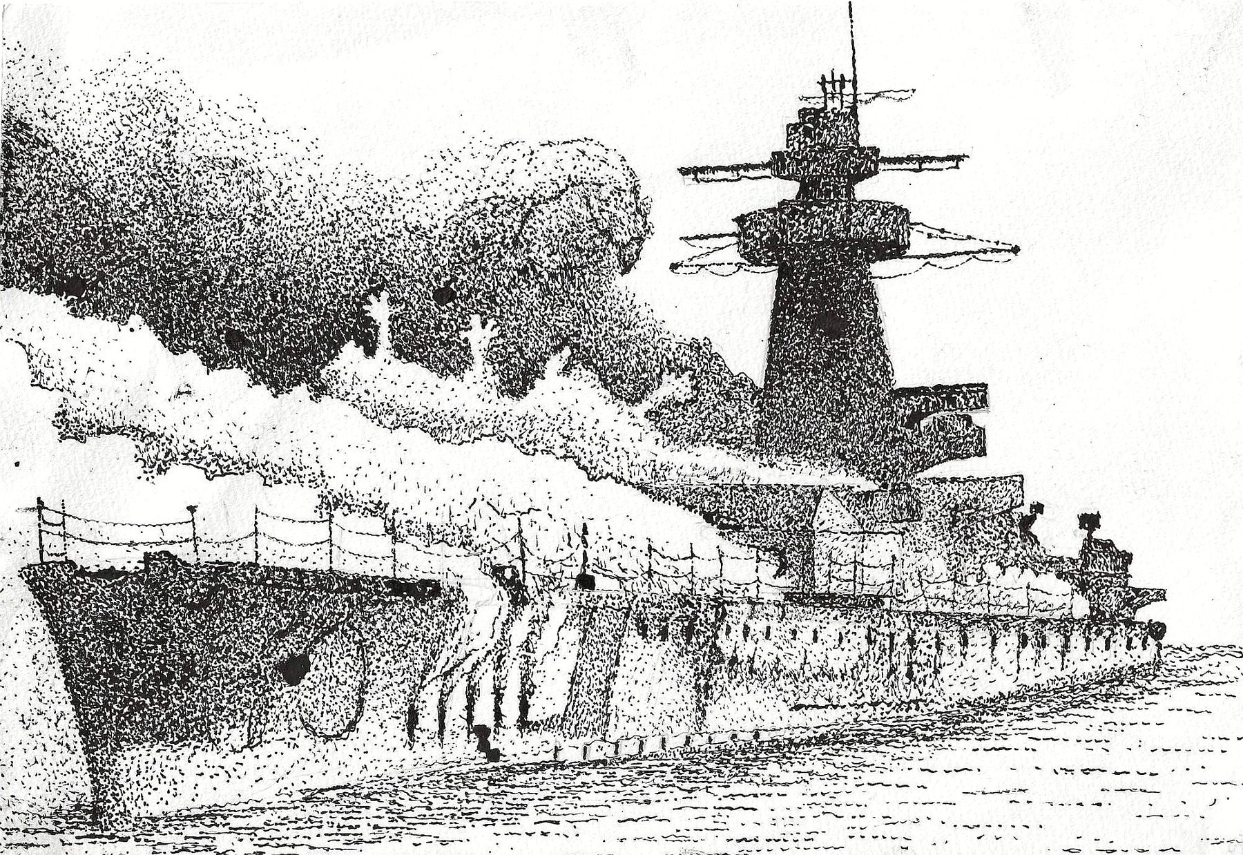 Pen and ink drawing of the German pocket battleship Admiral Graf Spee, titled Everything.