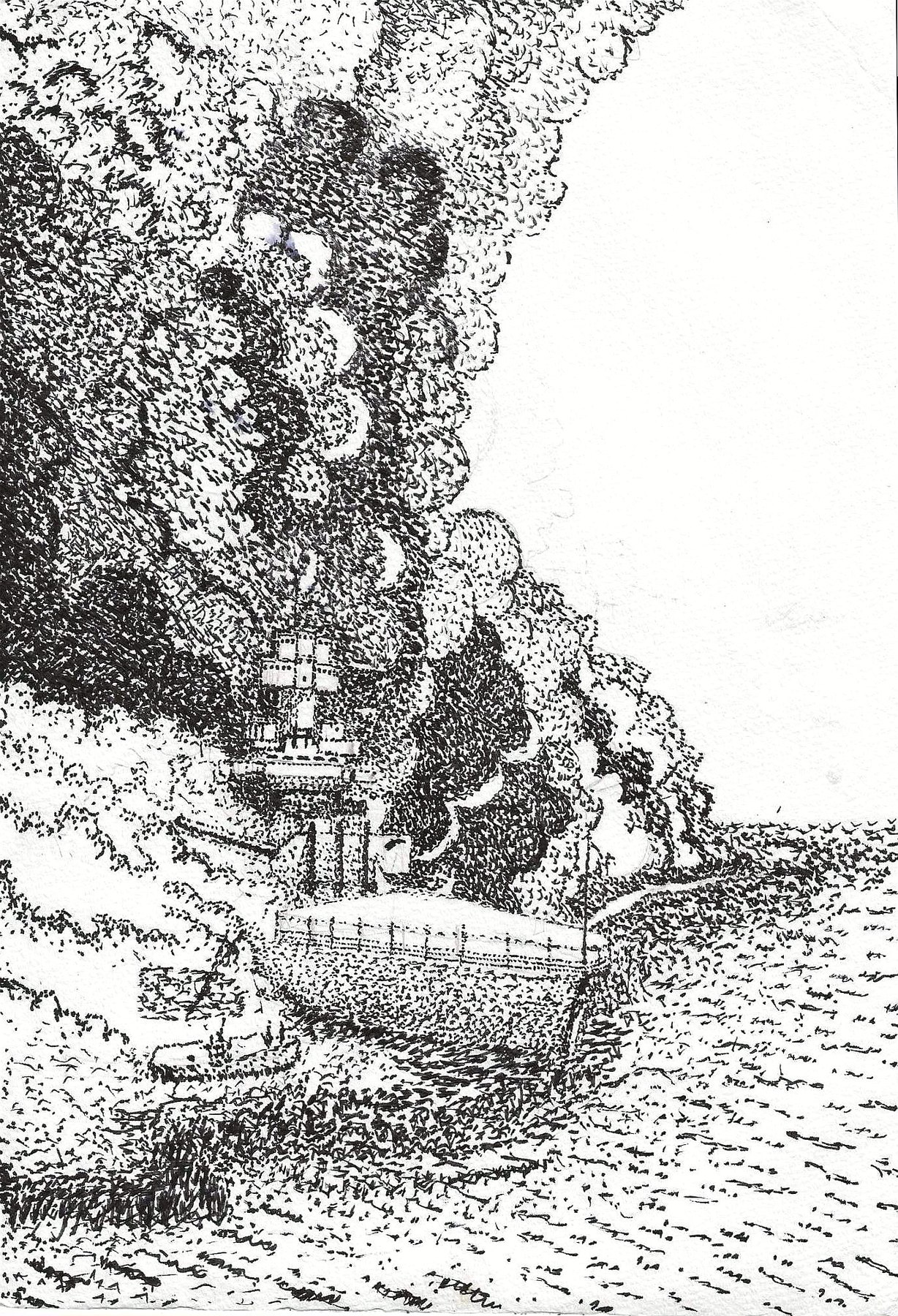 Pen and ink drawing of USS California, titled Self Reflection.