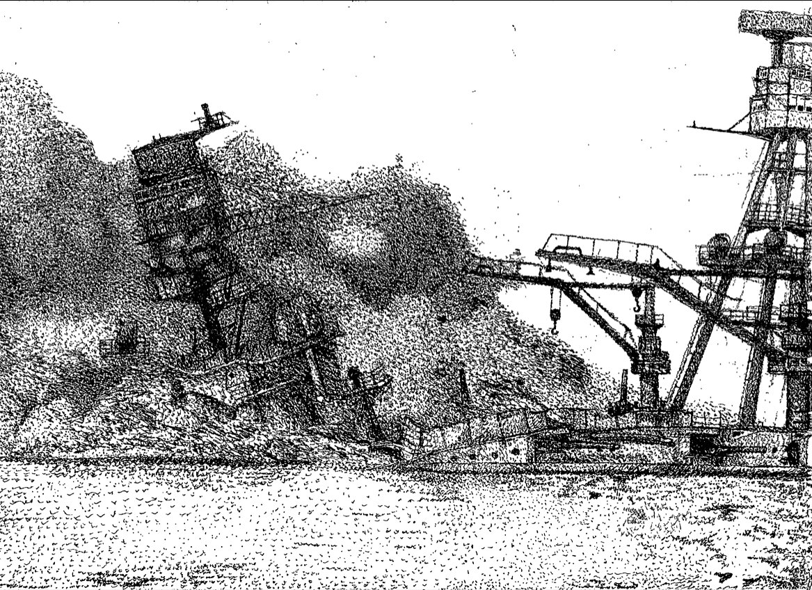 Pen and ink drawing of USS Arizona listing amid smoke and debris, titled What Is Eating Marco Glancy?