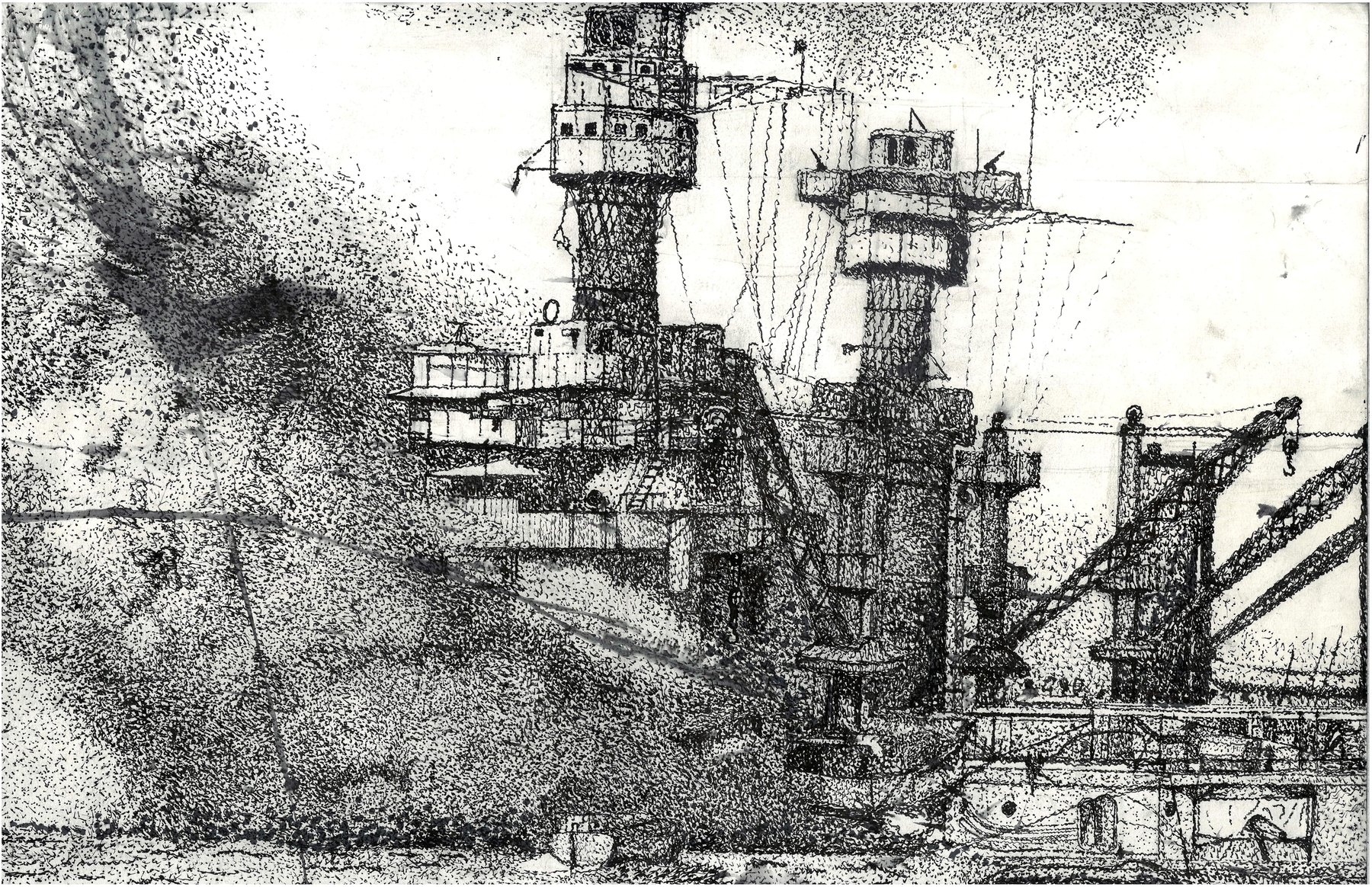 Pen and ink drawing of USS West Virginia moored outboard of USS Tennessee, titled Stuck Here Where I Am.