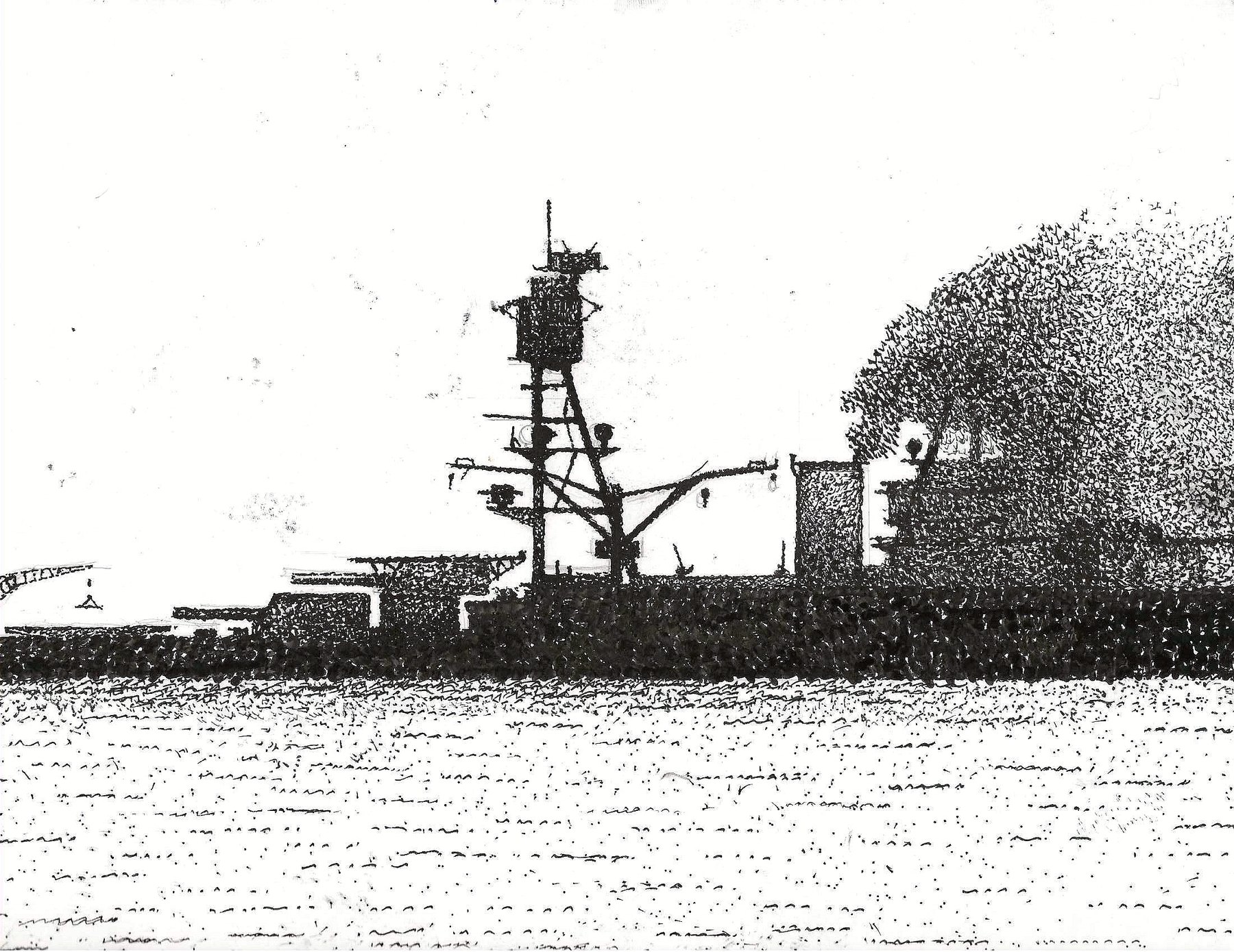 Pen and ink drawing of USS Nevada, titled Obscure Me.