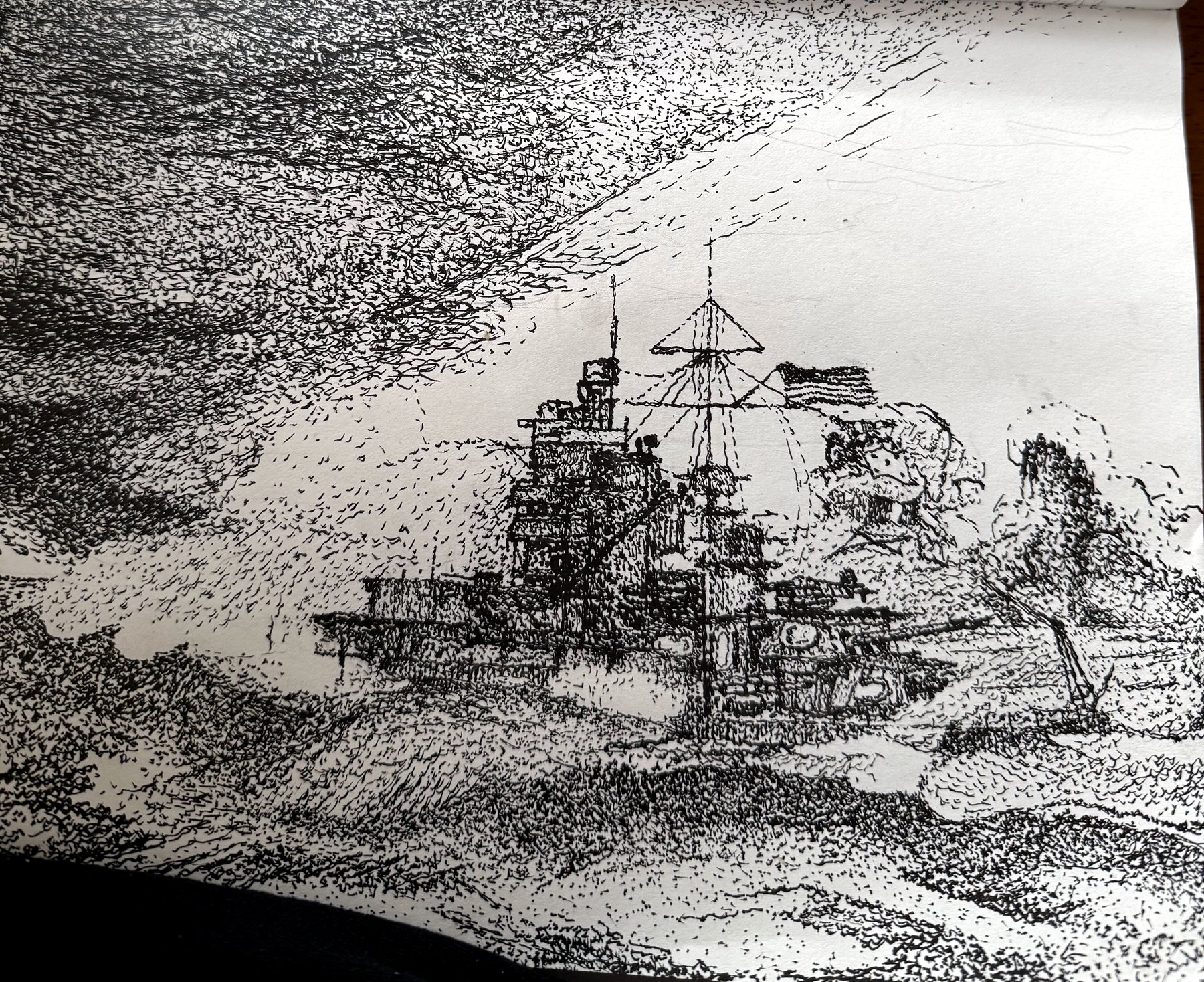 Pen and ink drawing of an American warship, titled Turmoil.
