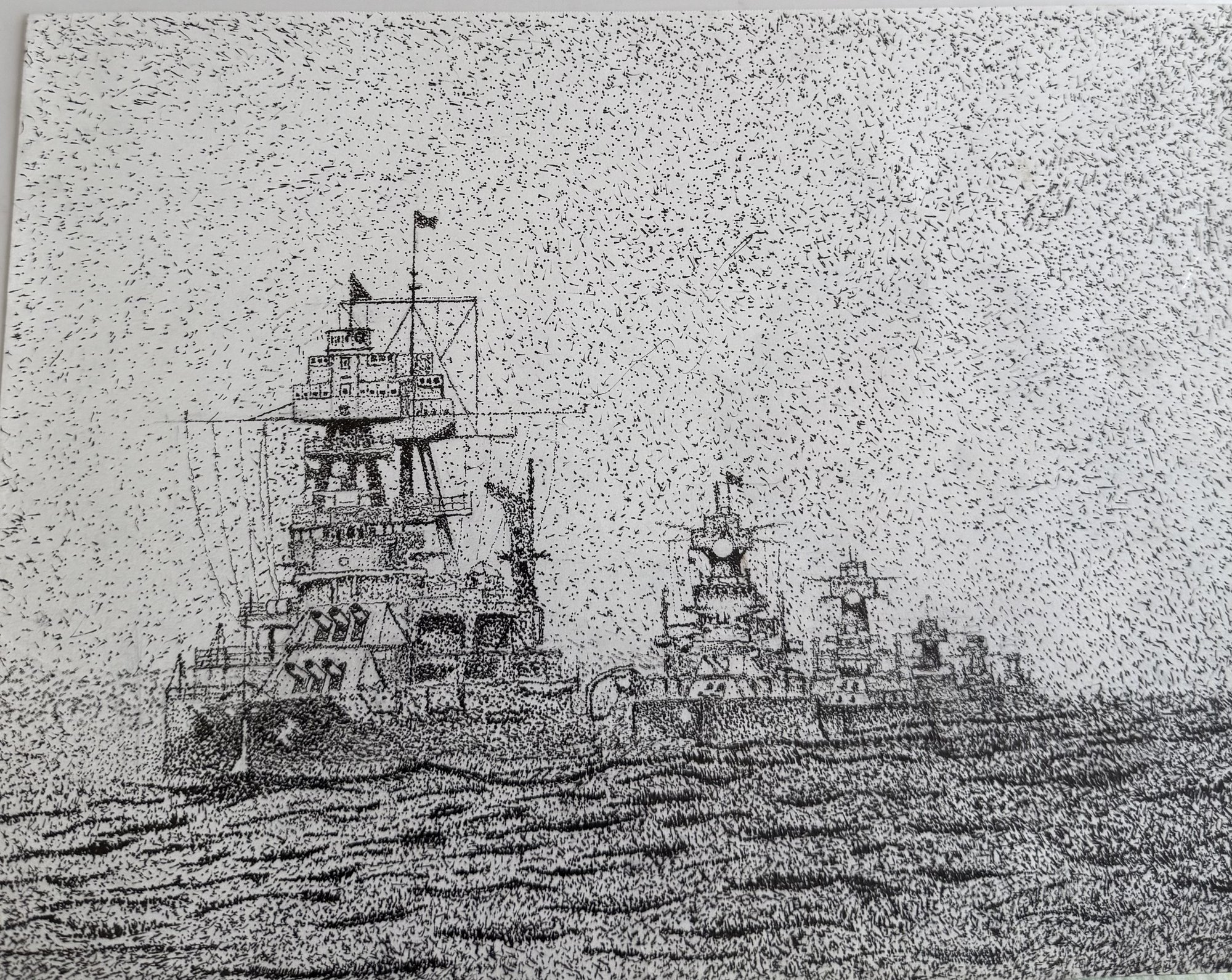 Pen and ink drawing of a battleship formation including USS Arizona, three Colorado-class ships, USS New York, and USS Texas, titled Interpretations.