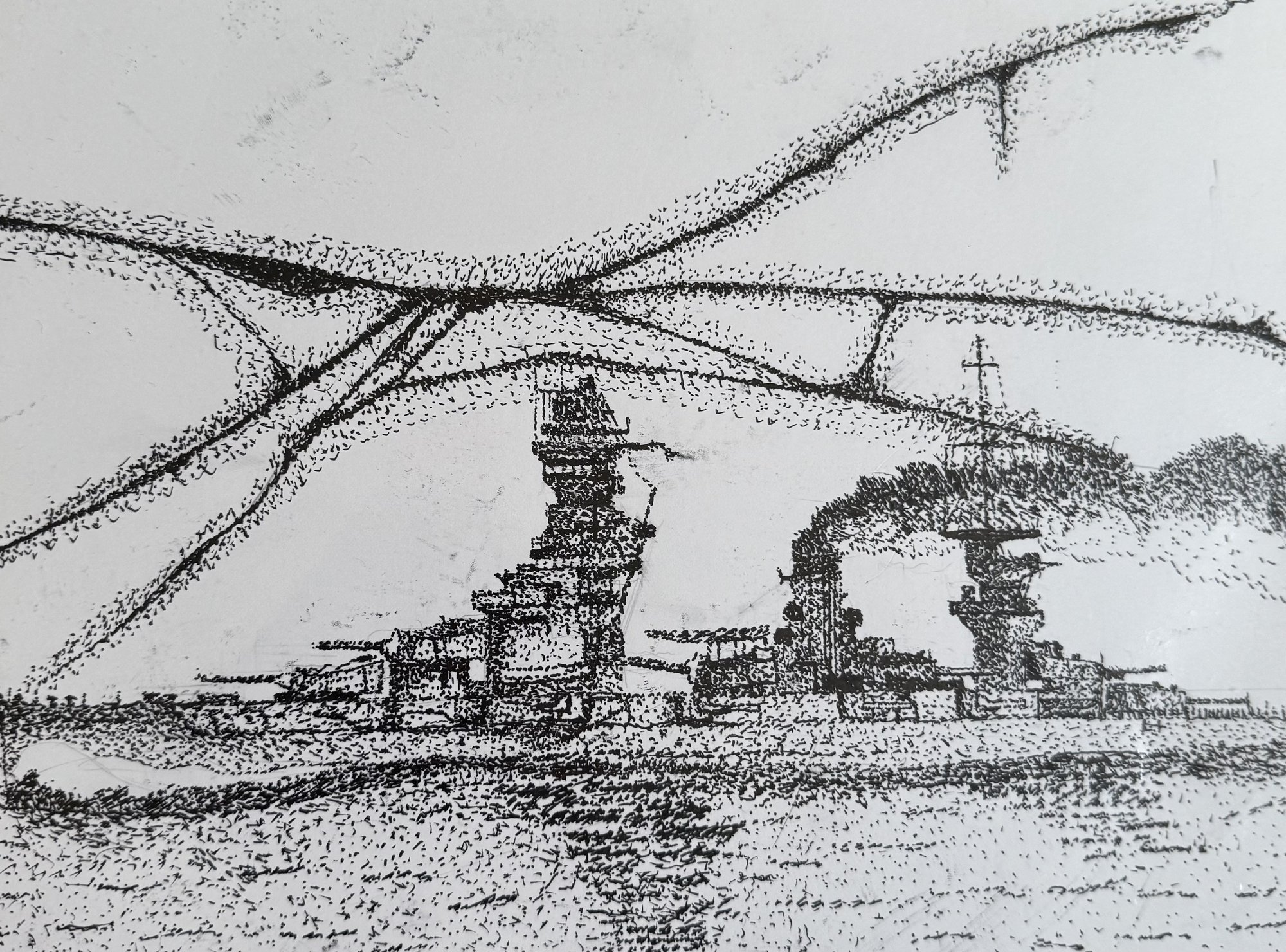Pen and ink drawing of the Japanese battleship Fuso, untitled.