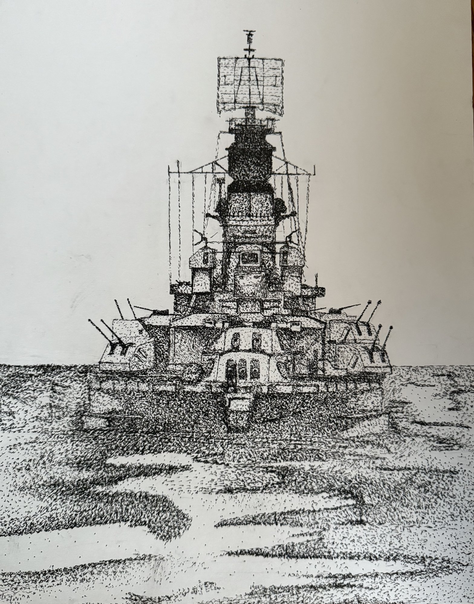 Pen and ink drawing of USS Nevada's modernized superstructure with radar array, titled To Live With All Your Faults.