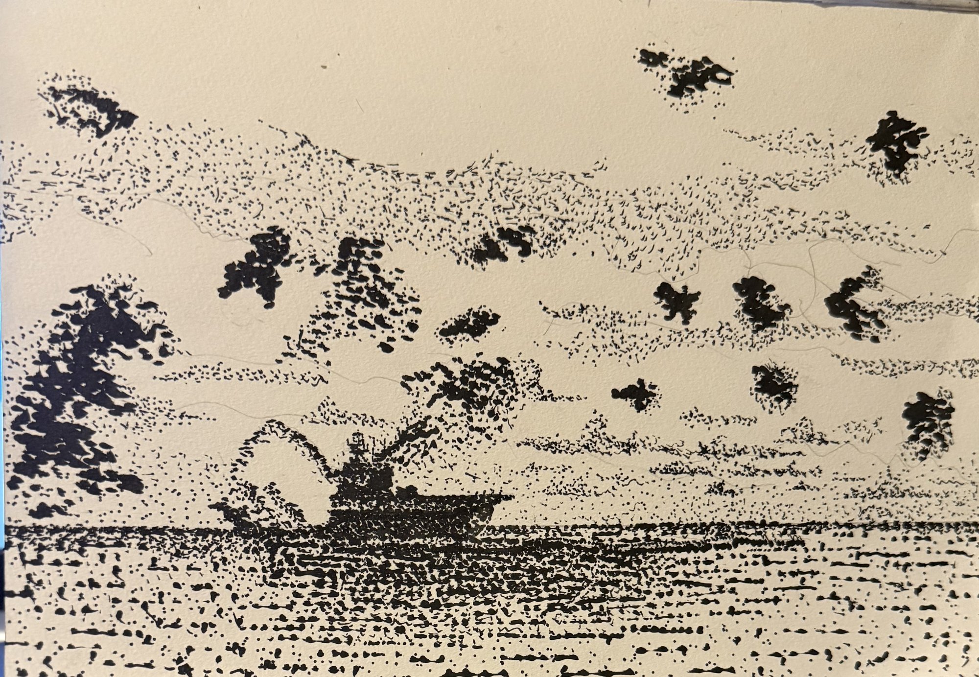 Pen and ink drawing of USS Enterprise under attack, flak bursts filling the sky, titled Point of Impact.