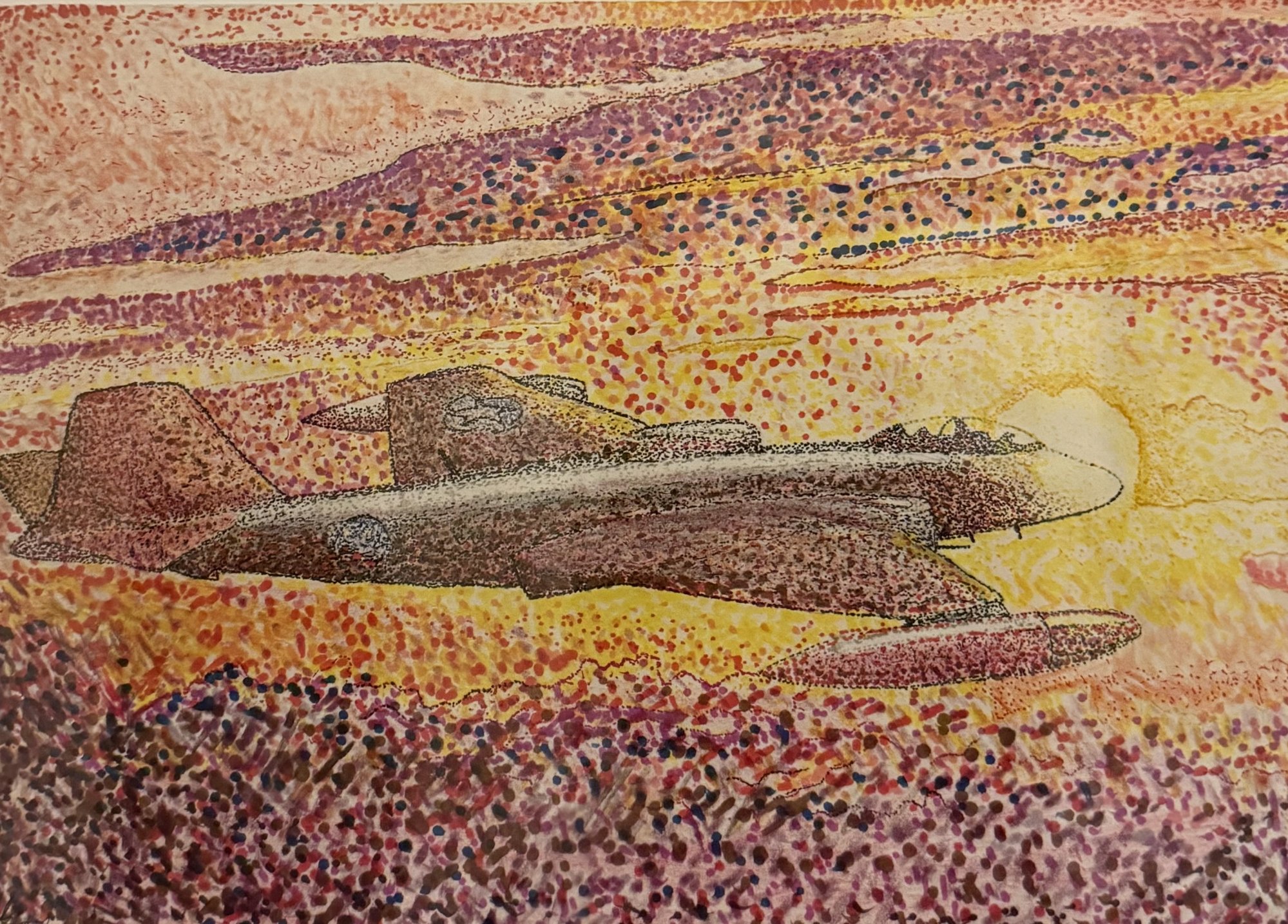 Colored pointillist drawing of a Canberra B.2 aircraft in flight, titled Hard Tack 2.