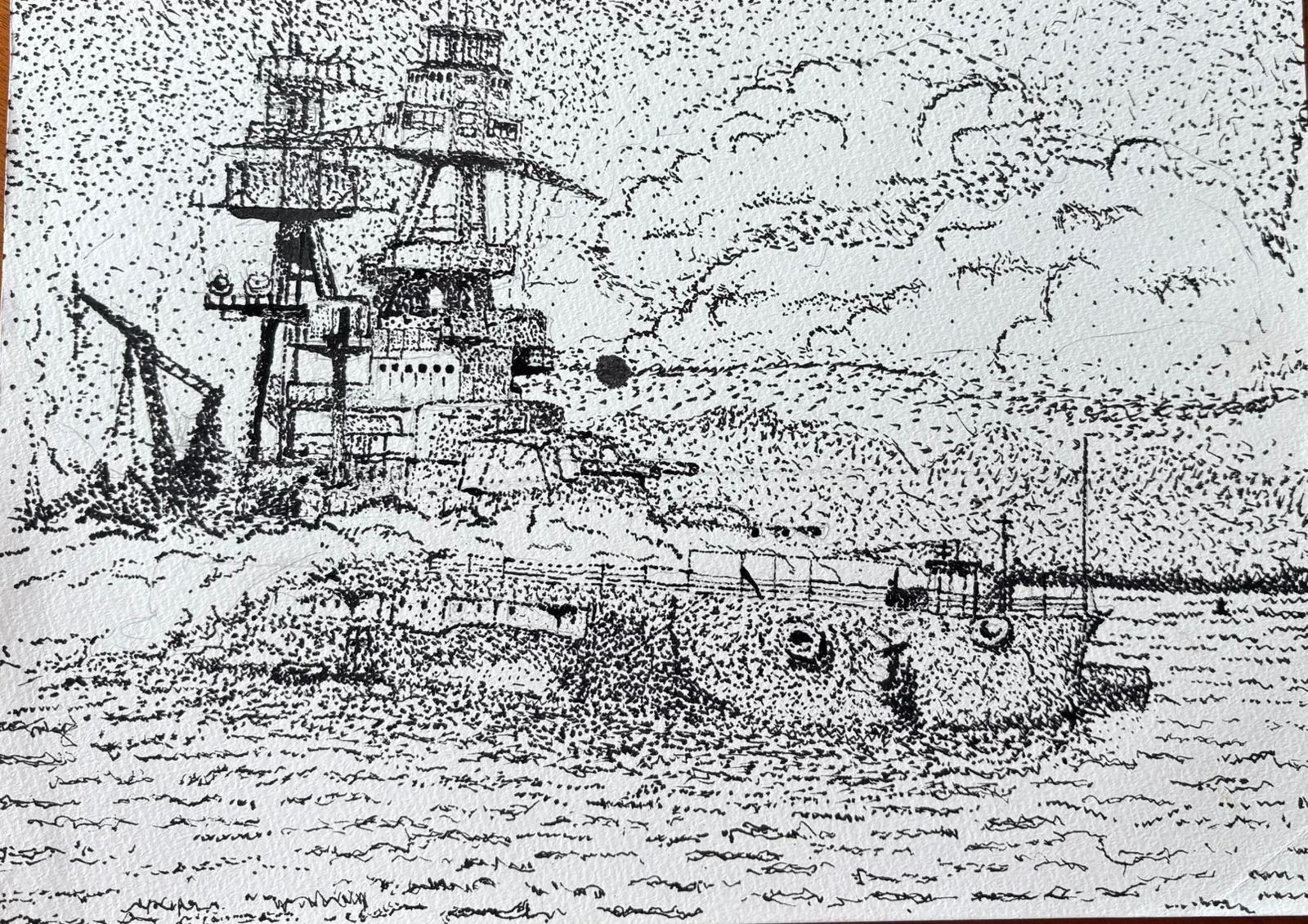 Pen and ink drawing of USS Nevada at Pearl Harbor, 1941, titled Survivor.