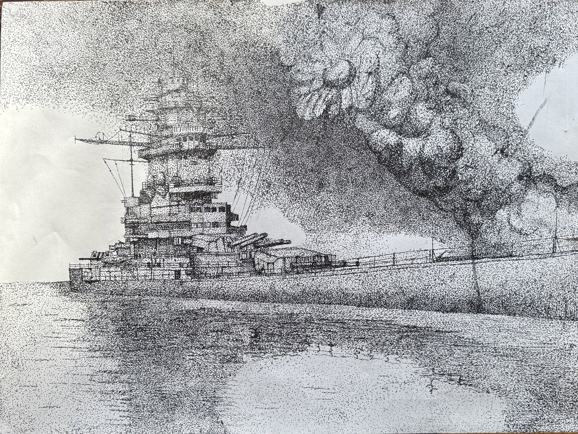 Pen and ink drawing of the French battleship Strasbourg at Toulon, 1942, titled What Have You Left to Fear.