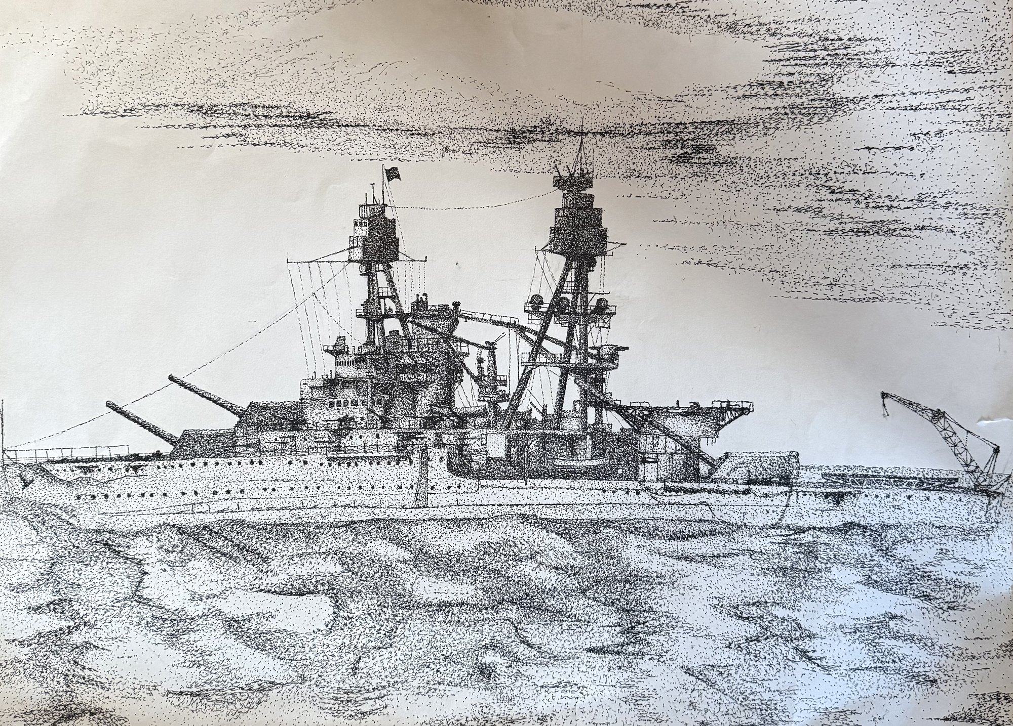 Pen and ink drawing of USS Nevada during the interwar years, titled Cheer Up Ship.
