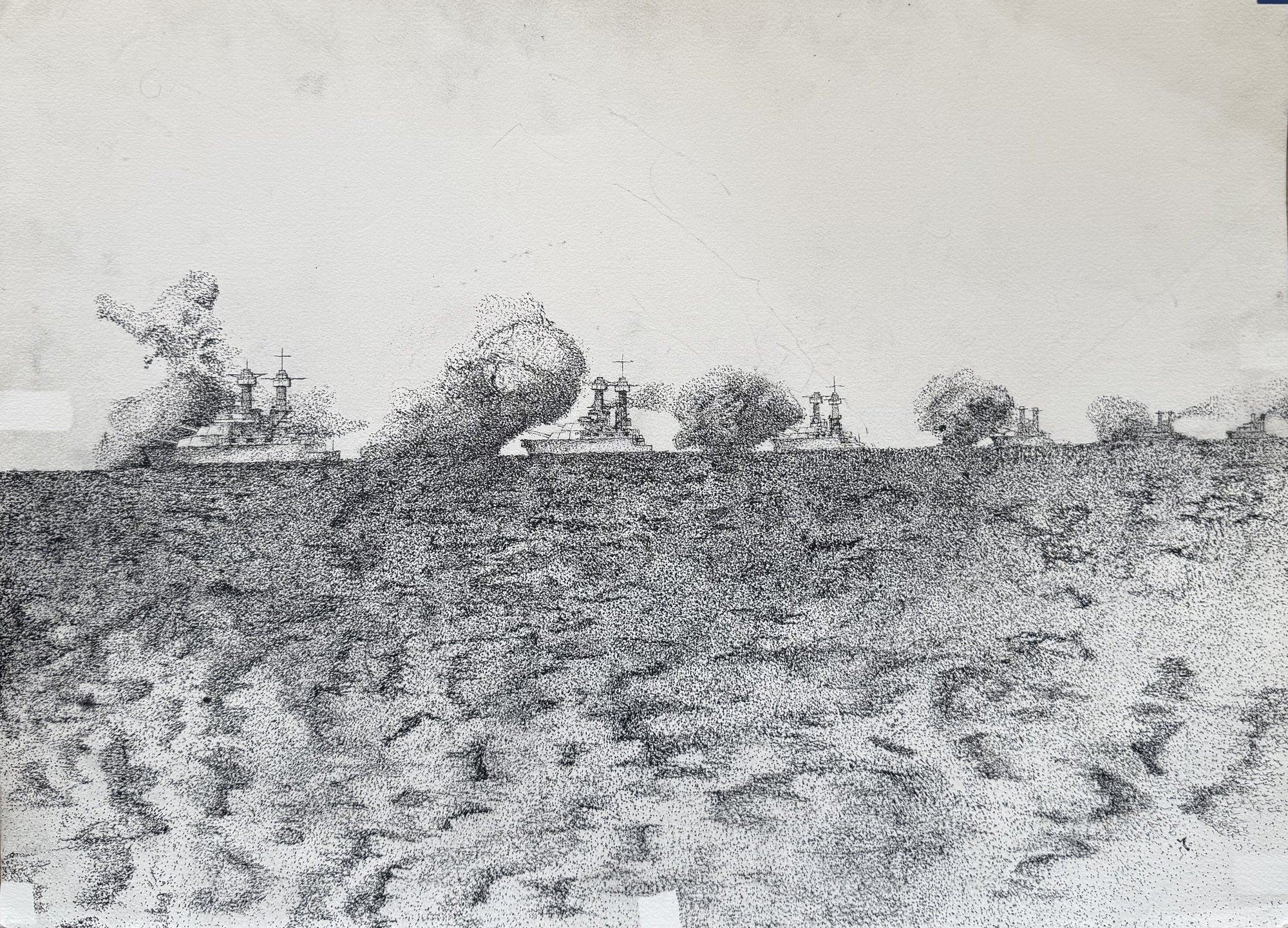 Pen and ink drawing of six American battleships in formation during the interwar years, untitled.