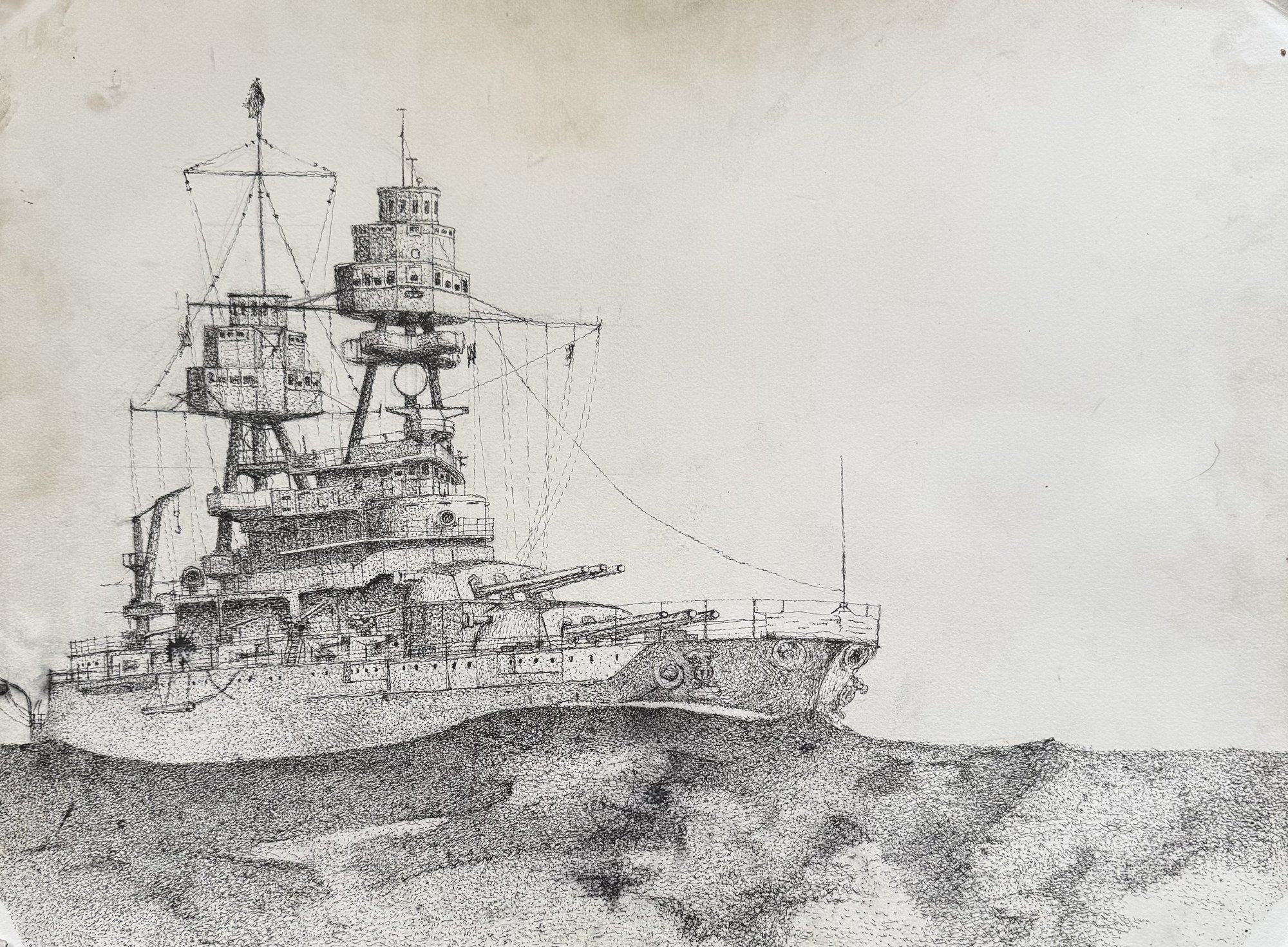 Pen and ink drawing of USS Pennsylvania, 1937, titled Grief.