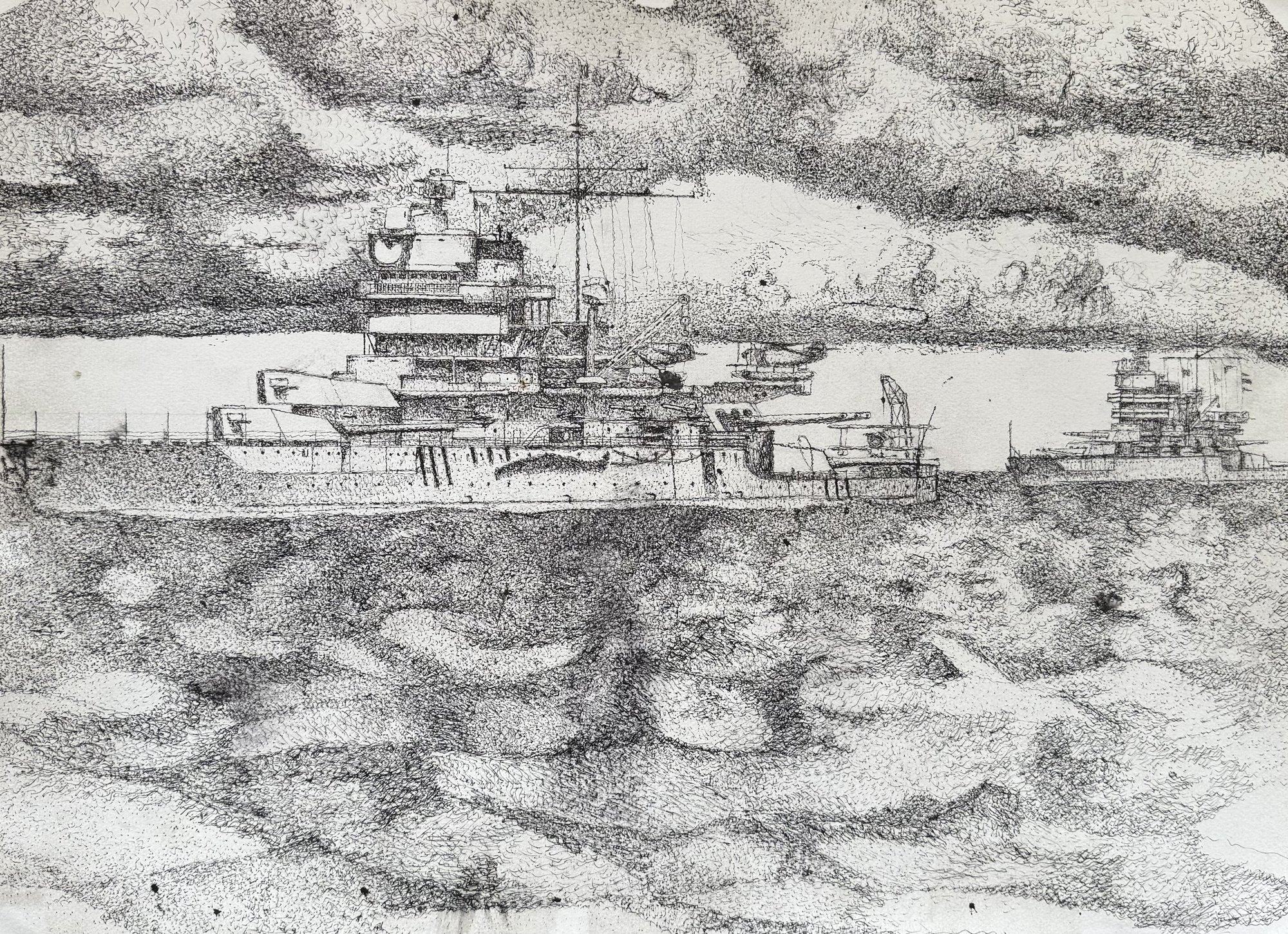 Pen and ink drawing of USS Mississippi and USS New Mexico during the interwar years, titled Untenable Equilibrium.