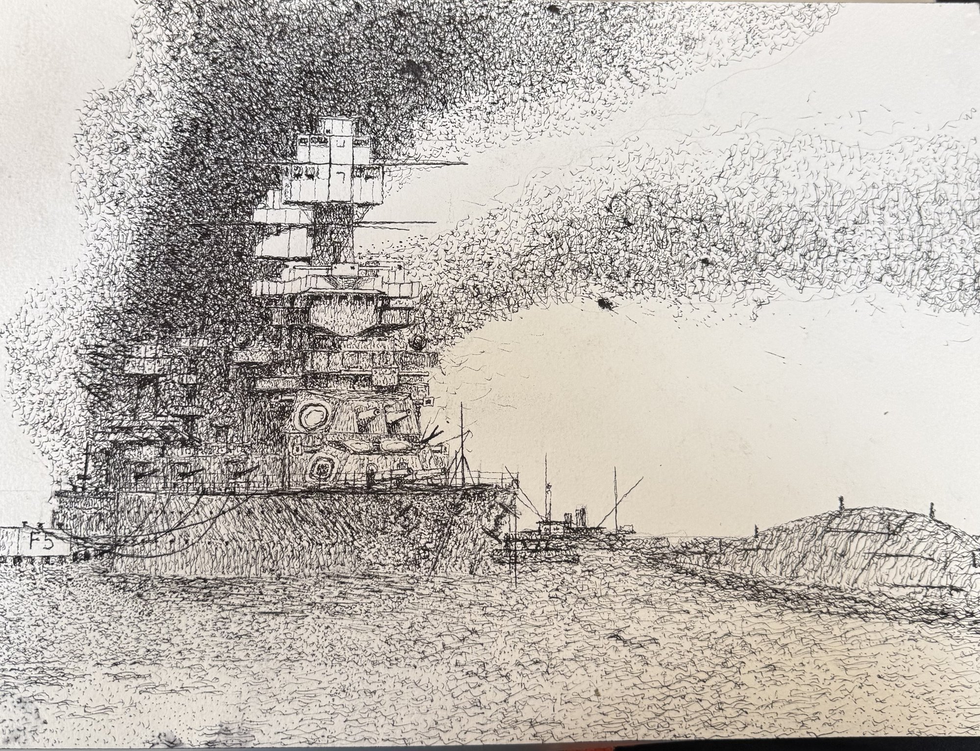 Pen and ink drawing of USS Maryland moored inboard of USS Oklahoma beneath a towering column of smoke at Pearl Harbor, December 7, 1941, titled How Do I Prove I'm Drowning.