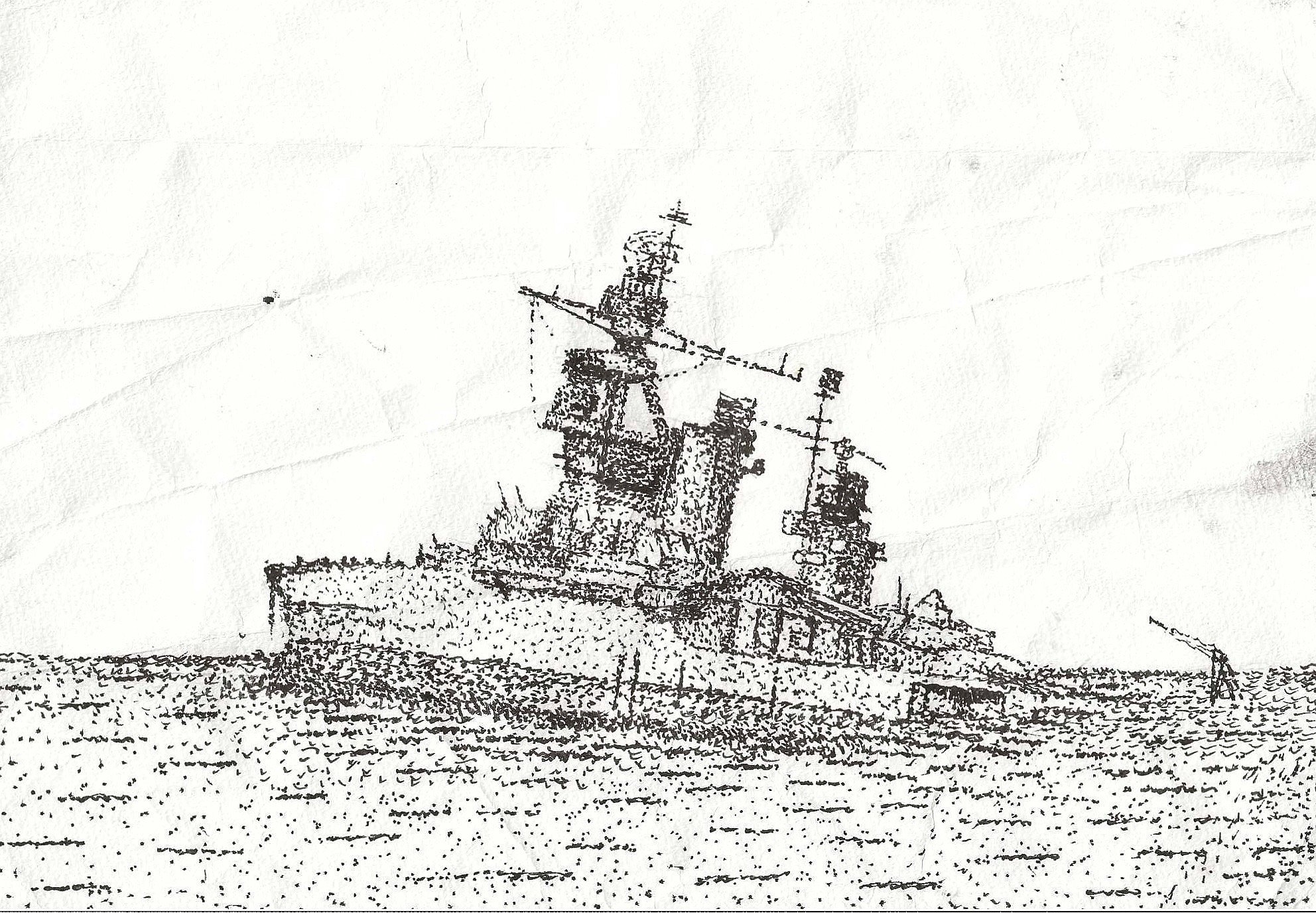 Pen and ink stipple drawing of USS Pennsylvania settling low in the water, February 10, 1948, untitled.