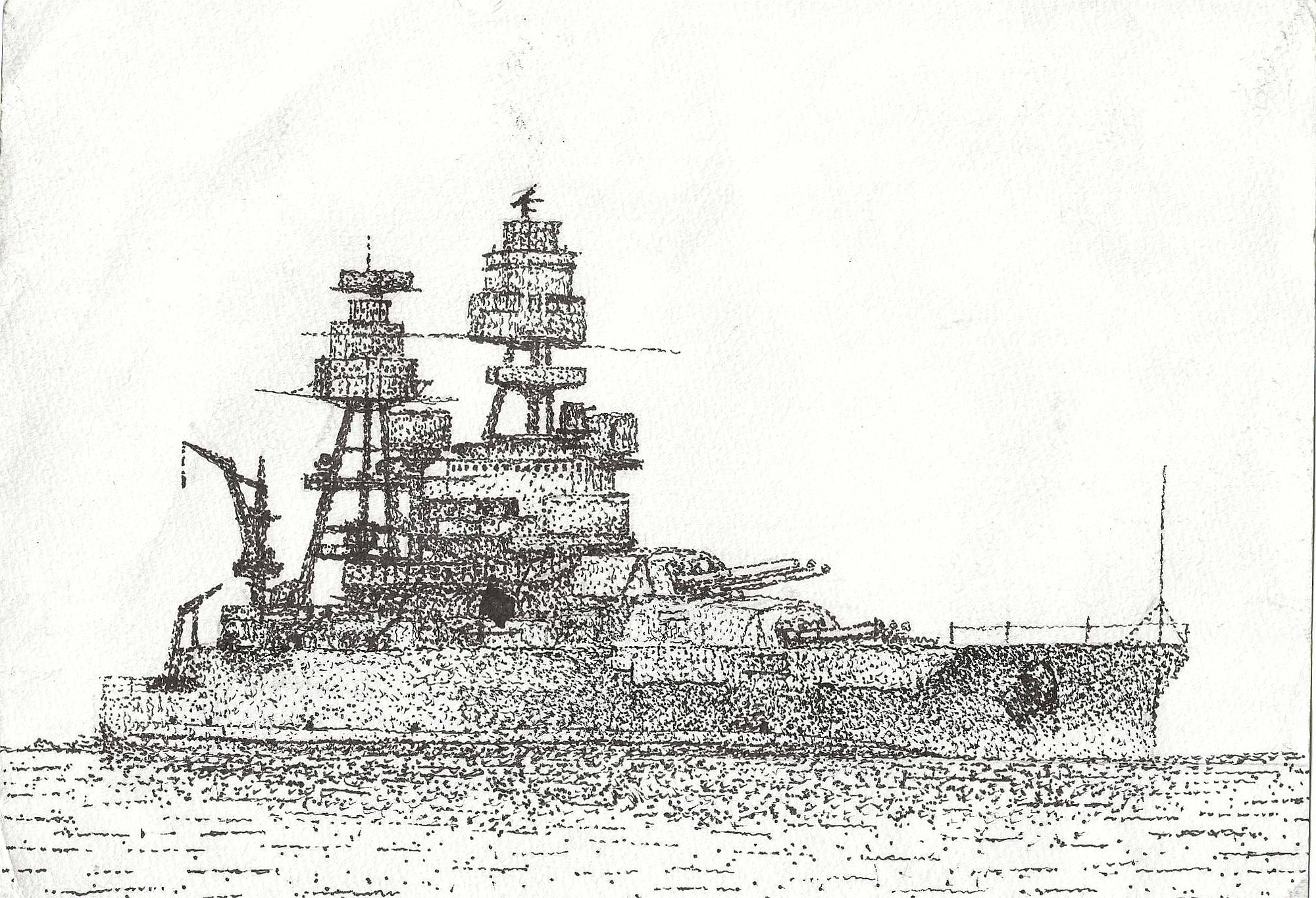 Pen and ink stipple drawing of USS Pennsylvania at sea, 1942, titled Survivor's Guilt.