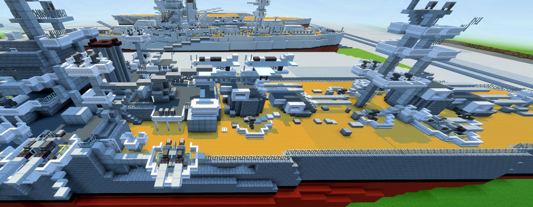 Dense detail of USS Arkansas's refit-era superstructure, radar arrays, and anti-aircraft platforms.