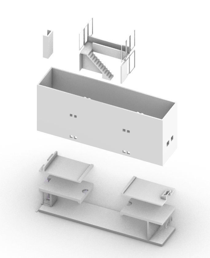 Exploded axonometric of the digital model, showing the floor plates, stair volume, and roof separated by level.