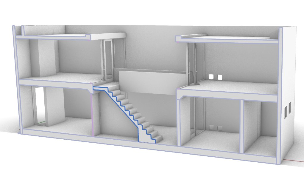 Full sectional cutaway of the digital model, showing both floors, the central stair, and the split massing on either side.