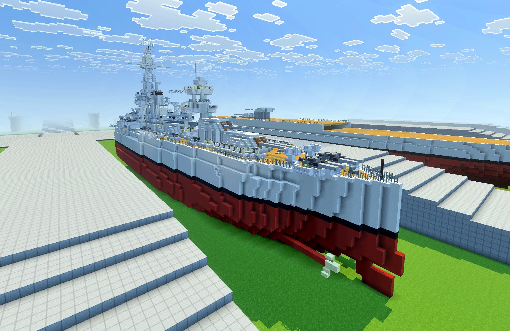 1:1 scale voxel model of USS New York, circa 1945, showing her full profile in dry dock.