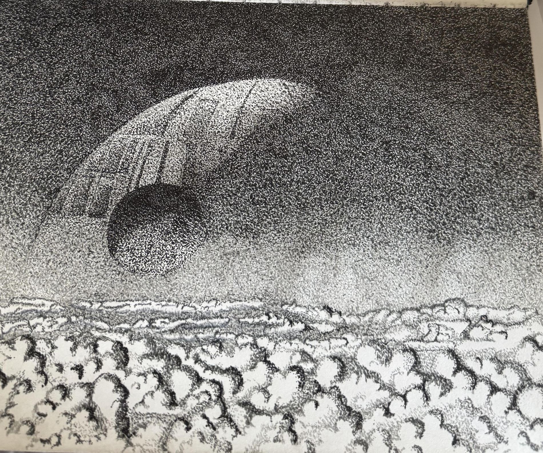 Original stippling artwork by Marco Glancy, an ink pointillism piece depicting a moon-like sphere rising over a cratered horizon, roughly six months in progress.