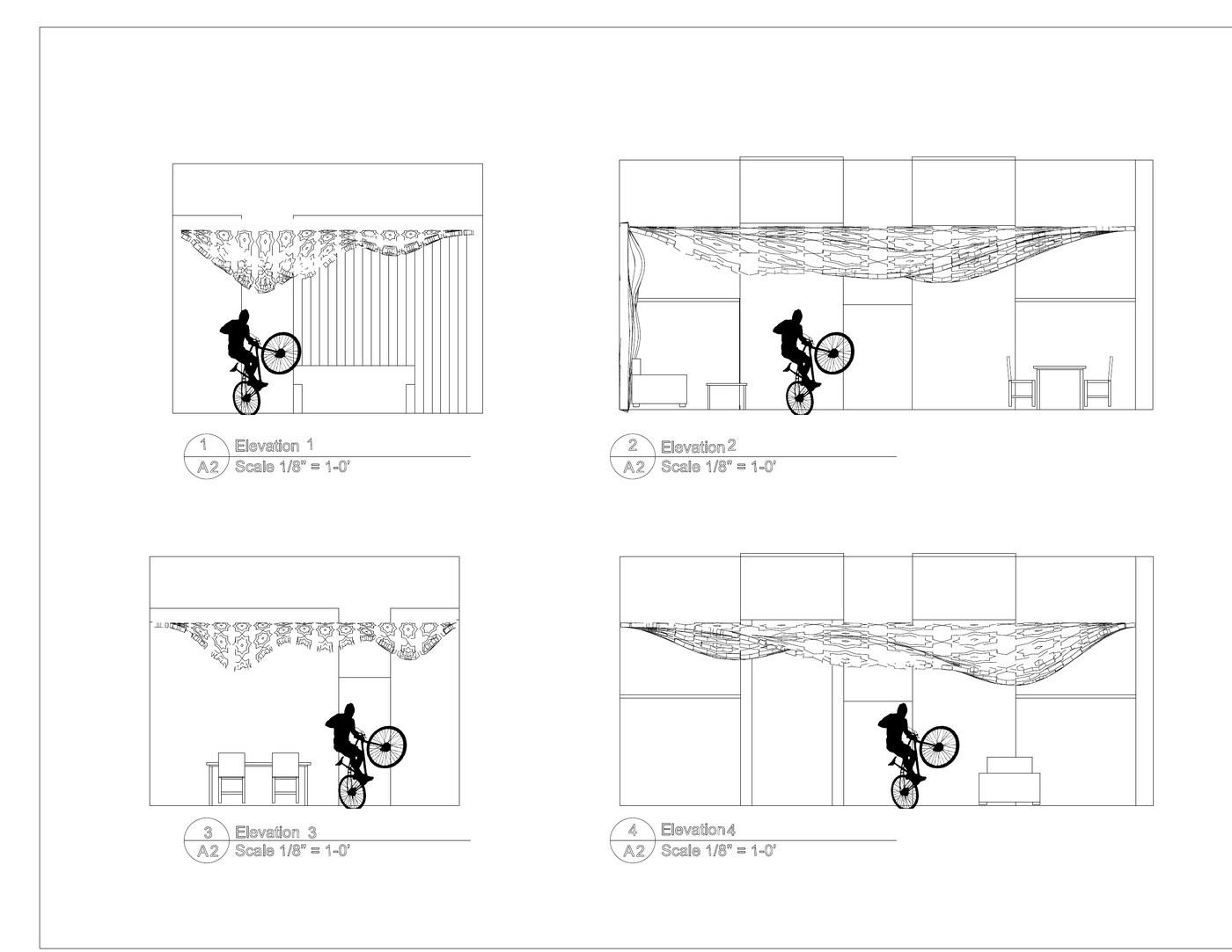 Four interior elevation drawings showing an original patterned ceiling concept for Casa Gaspar.
