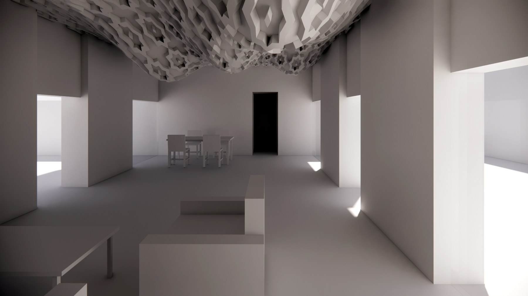 Untextured Rhino render of the same room from the opposite end, looking toward a dining table beneath the same patterned ceiling.