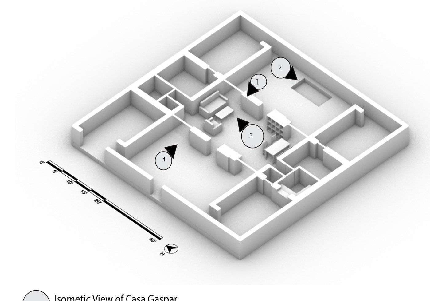 Isometric diagram of the Casa Gaspar floor plan with numbered courtyard callouts.