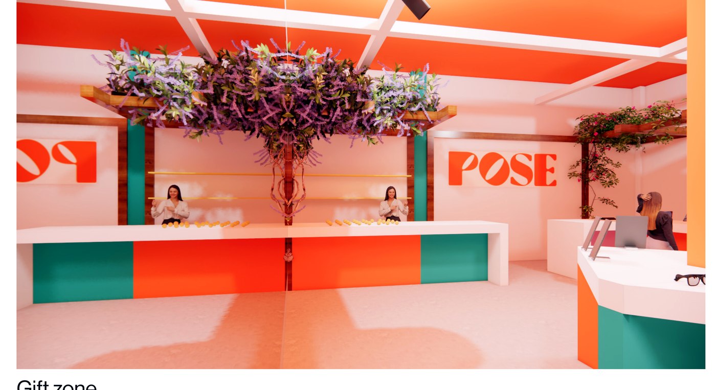 Gift zone of the POSE pop-up with a sculptural hanging planter over the counter.