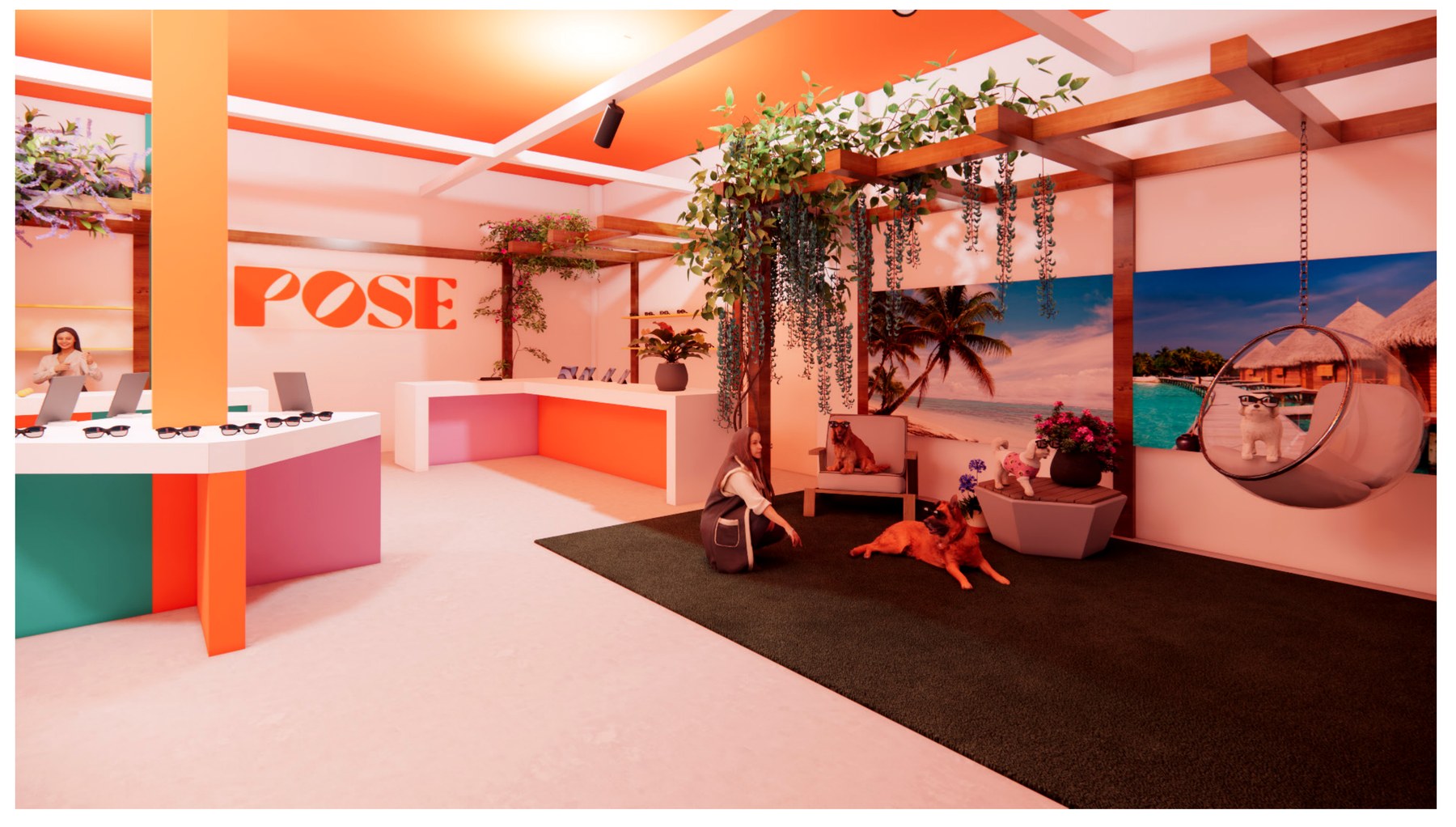 Colorful retail interior render for POSE, a pet wellness brand pop-up.