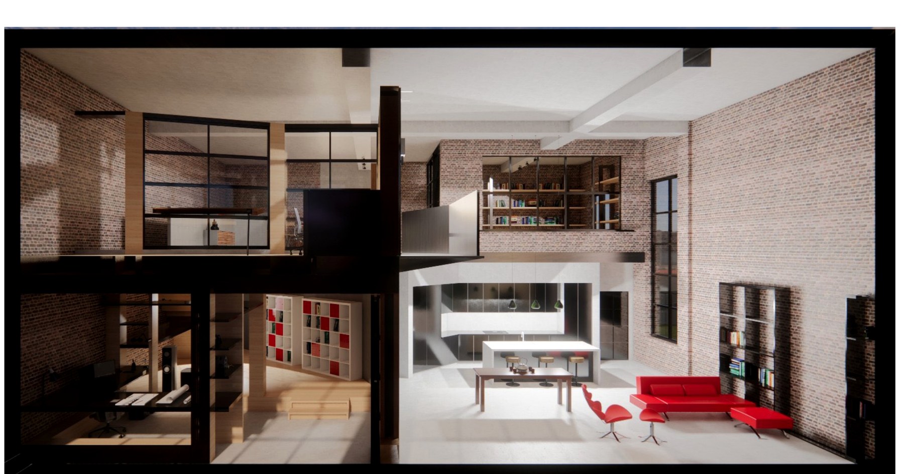 Sectional cutaway render of a full loft renovation showing kitchen, living room, office, and library.