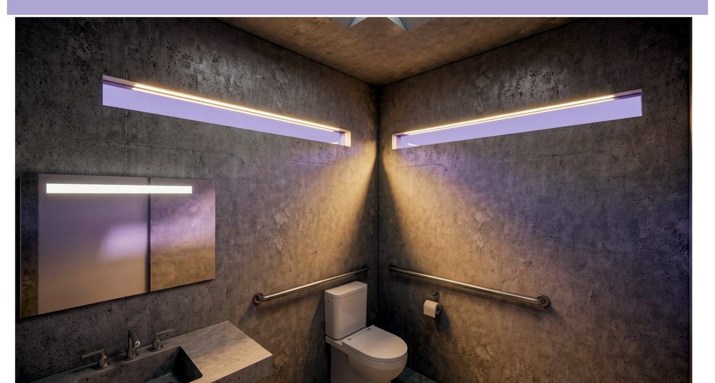 Interior render of an accessible stall in the Comfor-functa-blity restroom, lit by a concrete skylight.